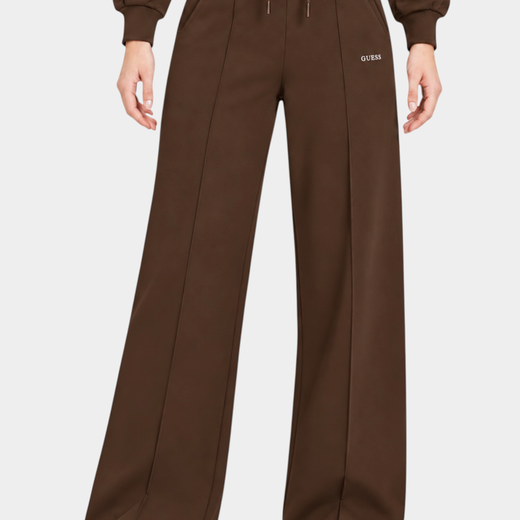 Pantalone jogger marrone Follower SRL con gamba dritta, vita elastica con coulisse e logo GUESS ricamato