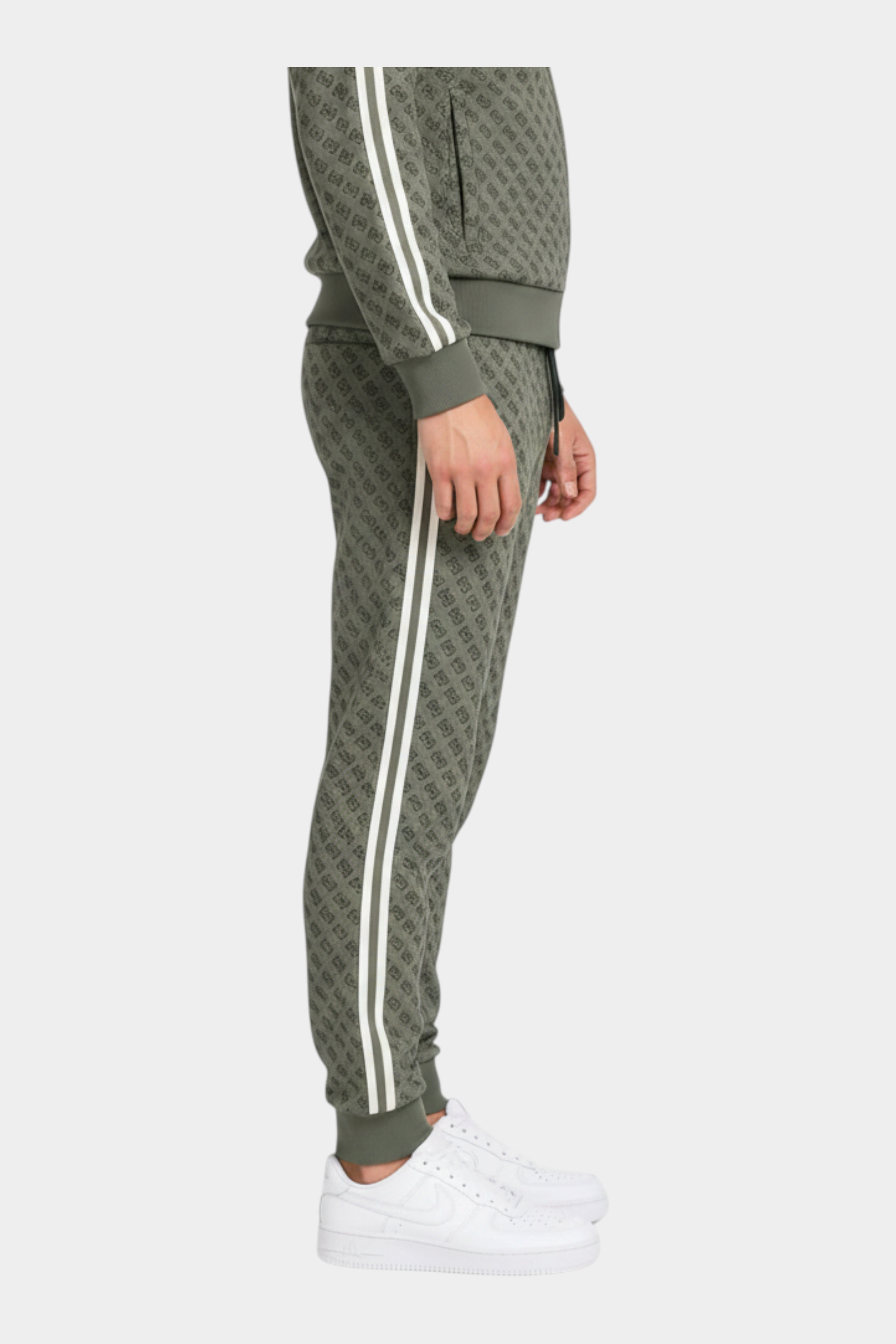 Pantalone jogger Follower SRL GUESS verde con stampa logo all-over e bande laterali bianche a contrasto