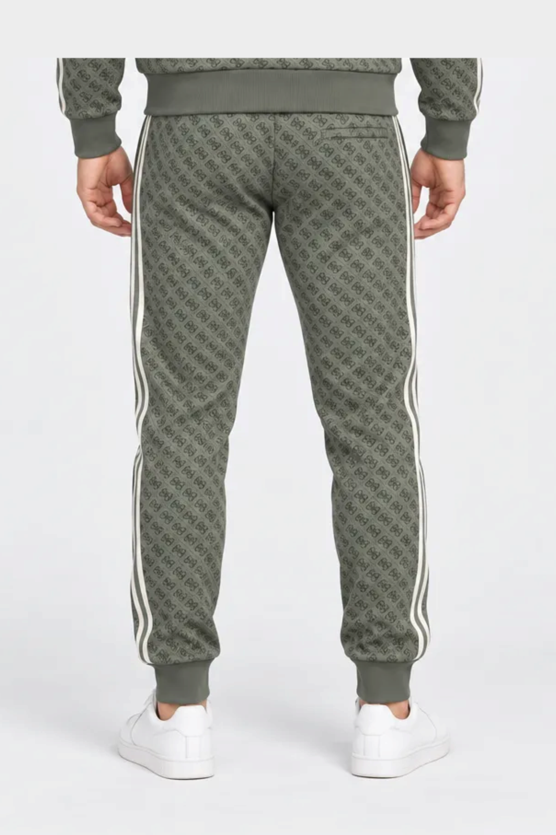 Follower SRL pantalone jogger uomo verde con stampa logo iconico GUESS e bande laterali bianche, vista posteriore
