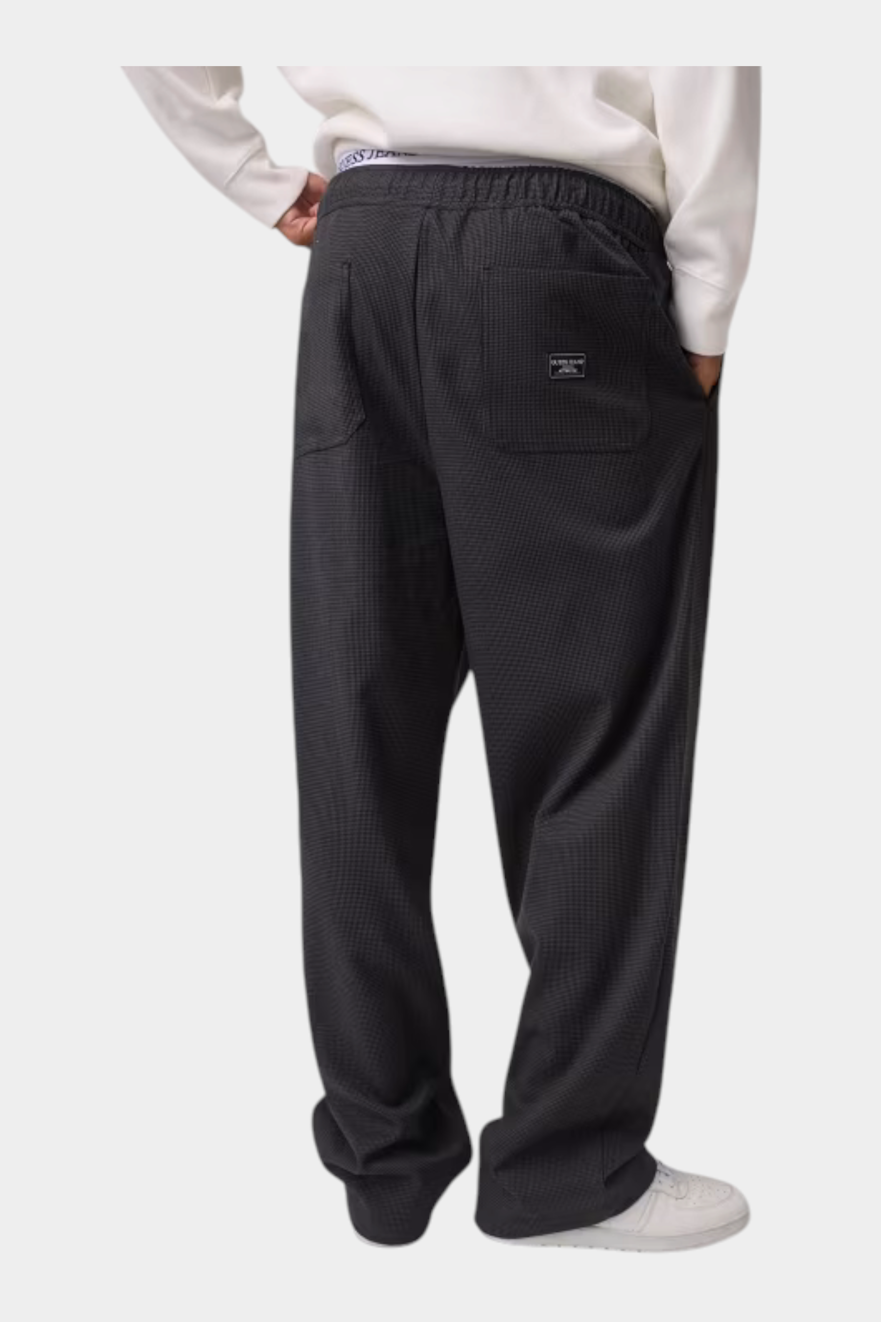 Pantalone a gamba larga Follower SRL da uomo in grigio con motivo micro-check, vita elasticizzata e tasche posteriori