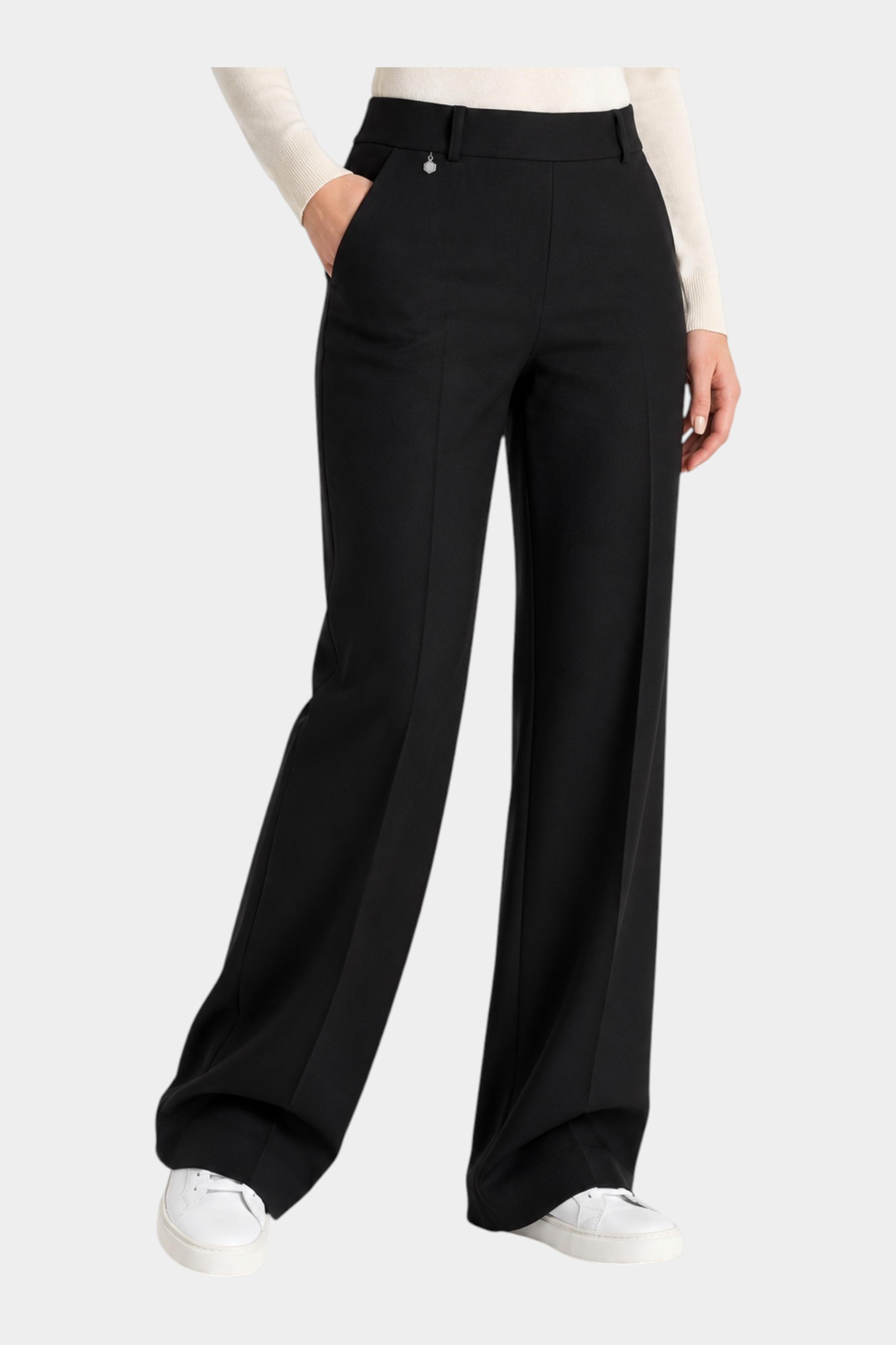 Pantalone a palazzo nero Follower SRL in tessuto compact con tasche laterali e linea elegante