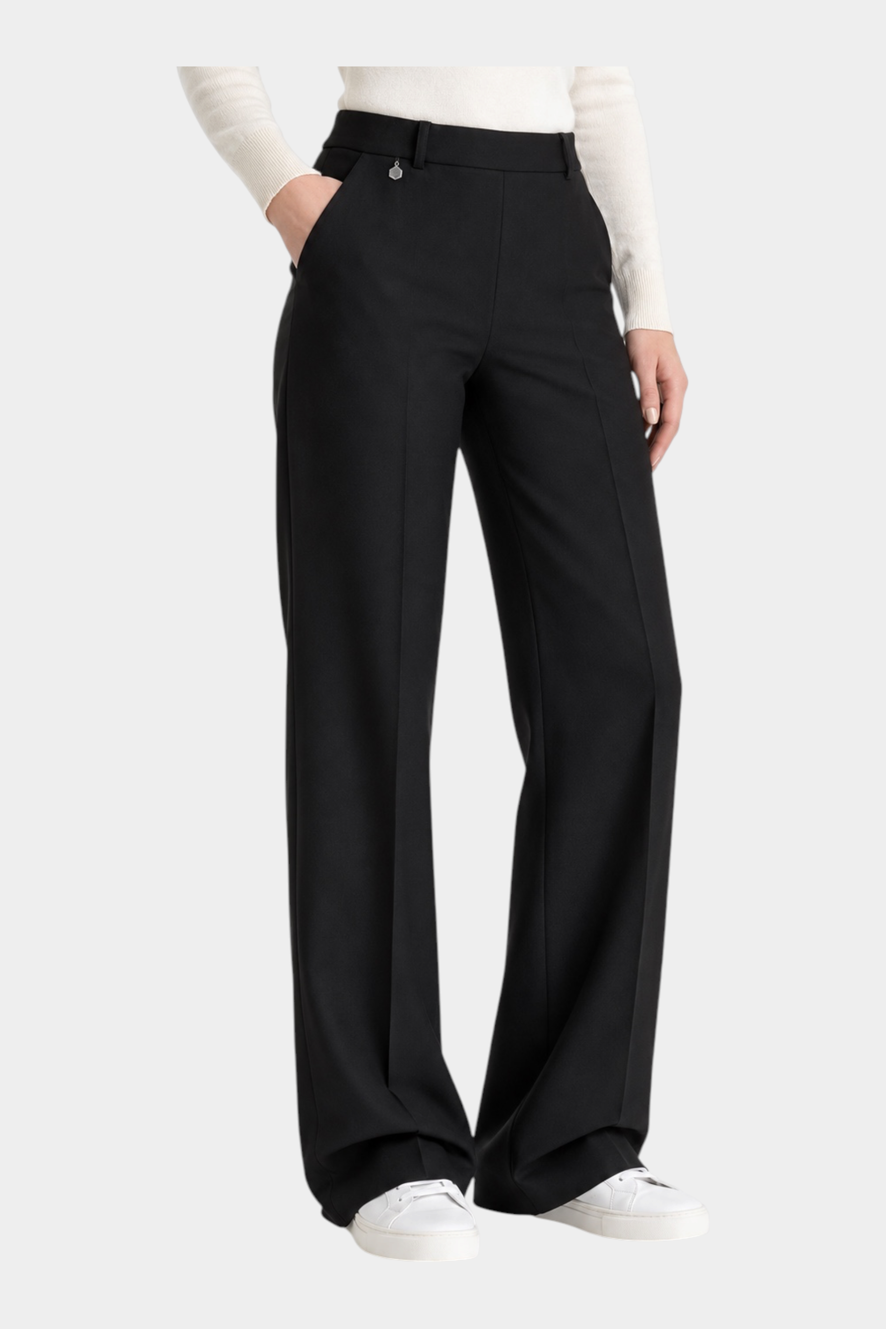 Pantalone a palazzo nero Follower SRL in tessuto Compact con tasche laterali e vita alta