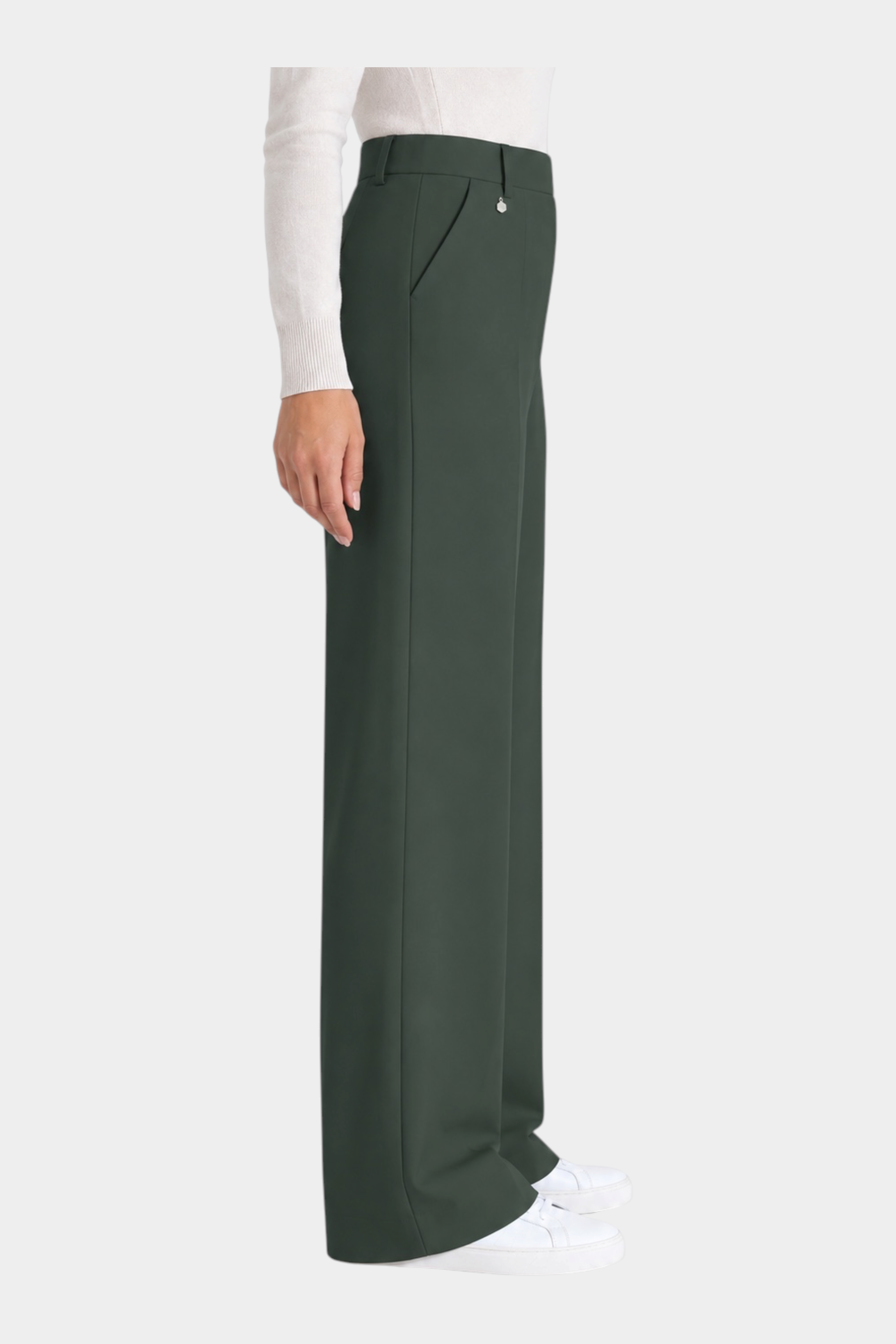 Pantalone a palazzo verde Follower SRL in tessuto compact con tasche laterali, vista laterale su modella
