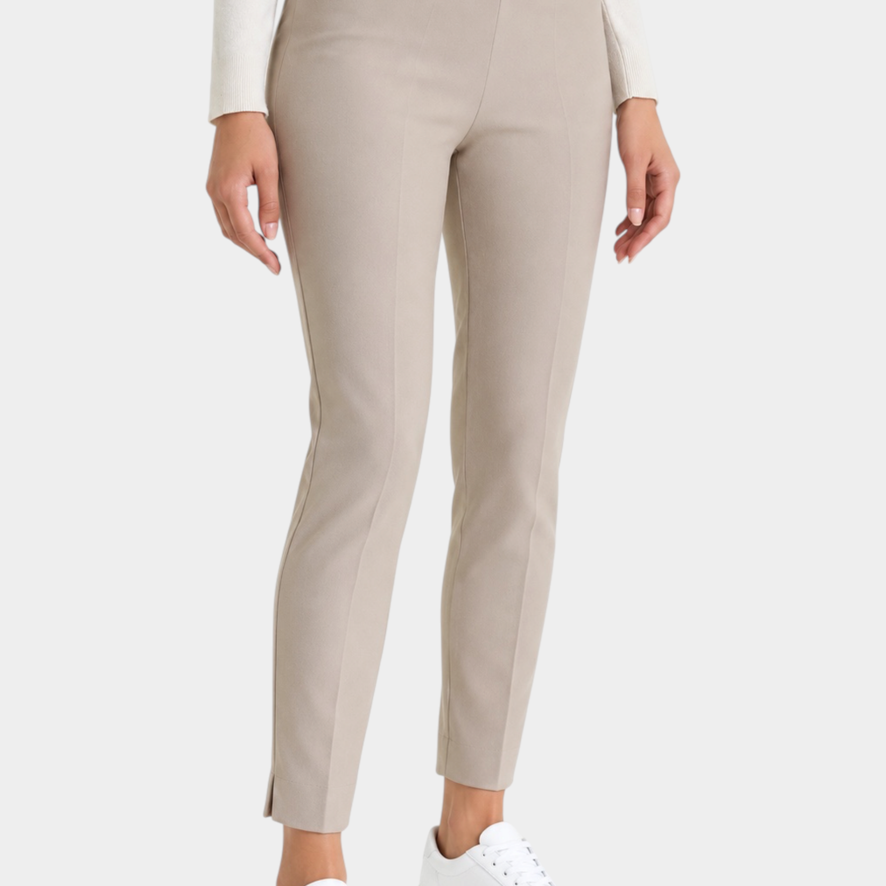 Pantalone a sigaretta Follower SRL beige in tessuto compact con spacchetti sul fondo indossato da una modella