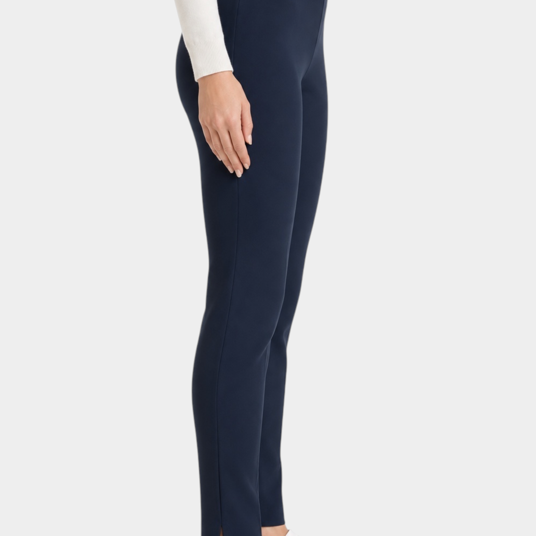 Pantalone a sigaretta blu Follower SRL in tessuto Compact con spacchetti laterali indossato di profilo