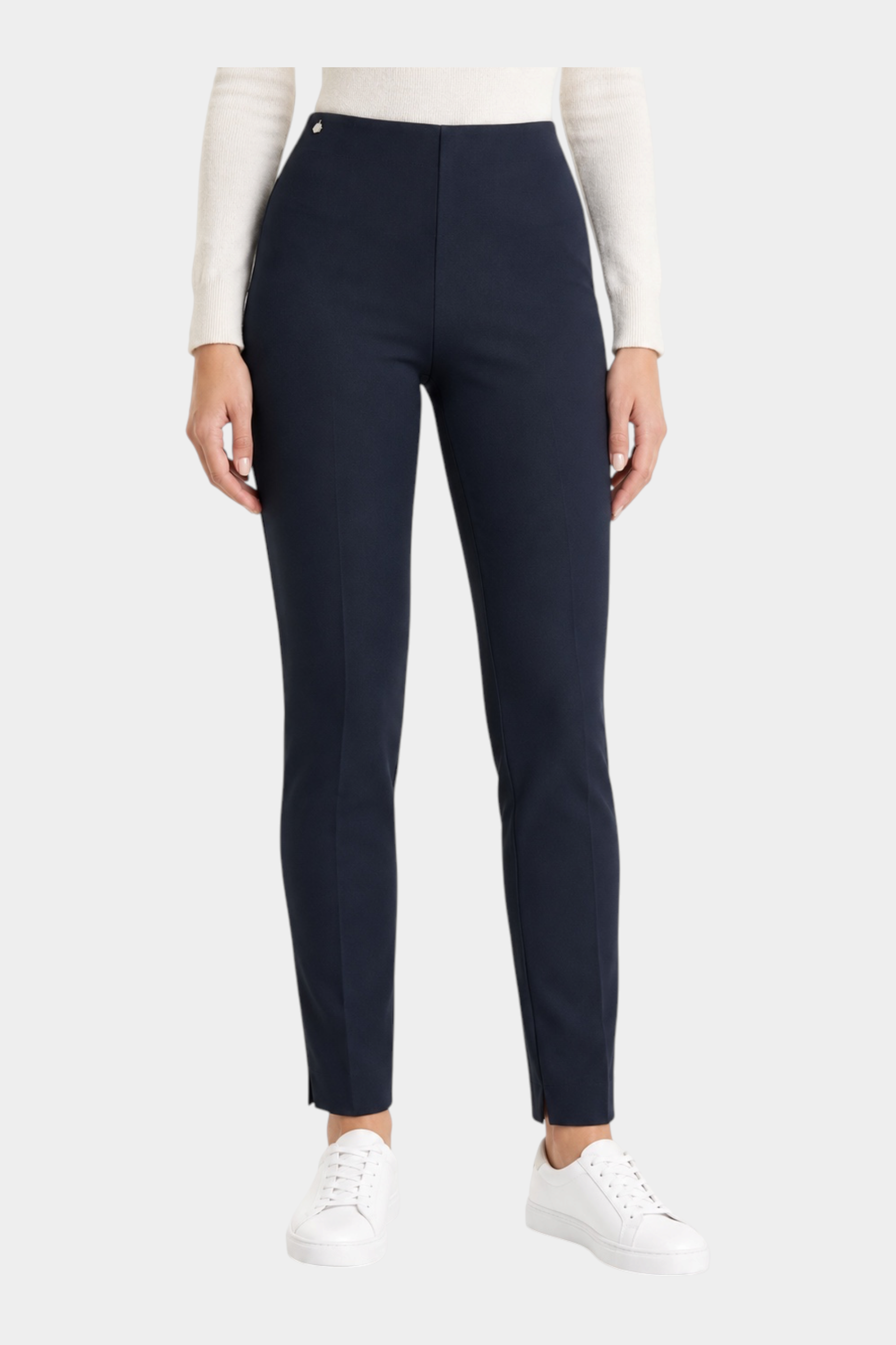 Pantalone a sigaretta blu Follower SRL in tessuto Compact con spacchetti sul fondo indossato da una modella