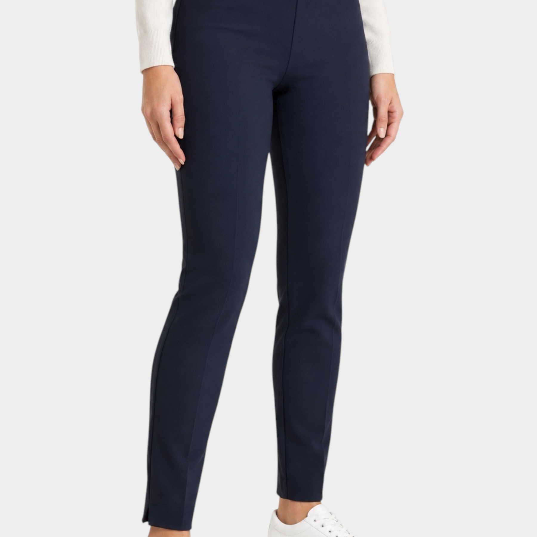 Pantalone a sigaretta Follower SRL blu in tessuto compact con spacchetti laterali indossato da una modella