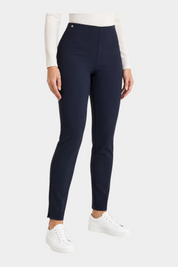 Pantalone a sigaretta Follower SRL blu in tessuto compact con spacchetti laterali indossato da una modella