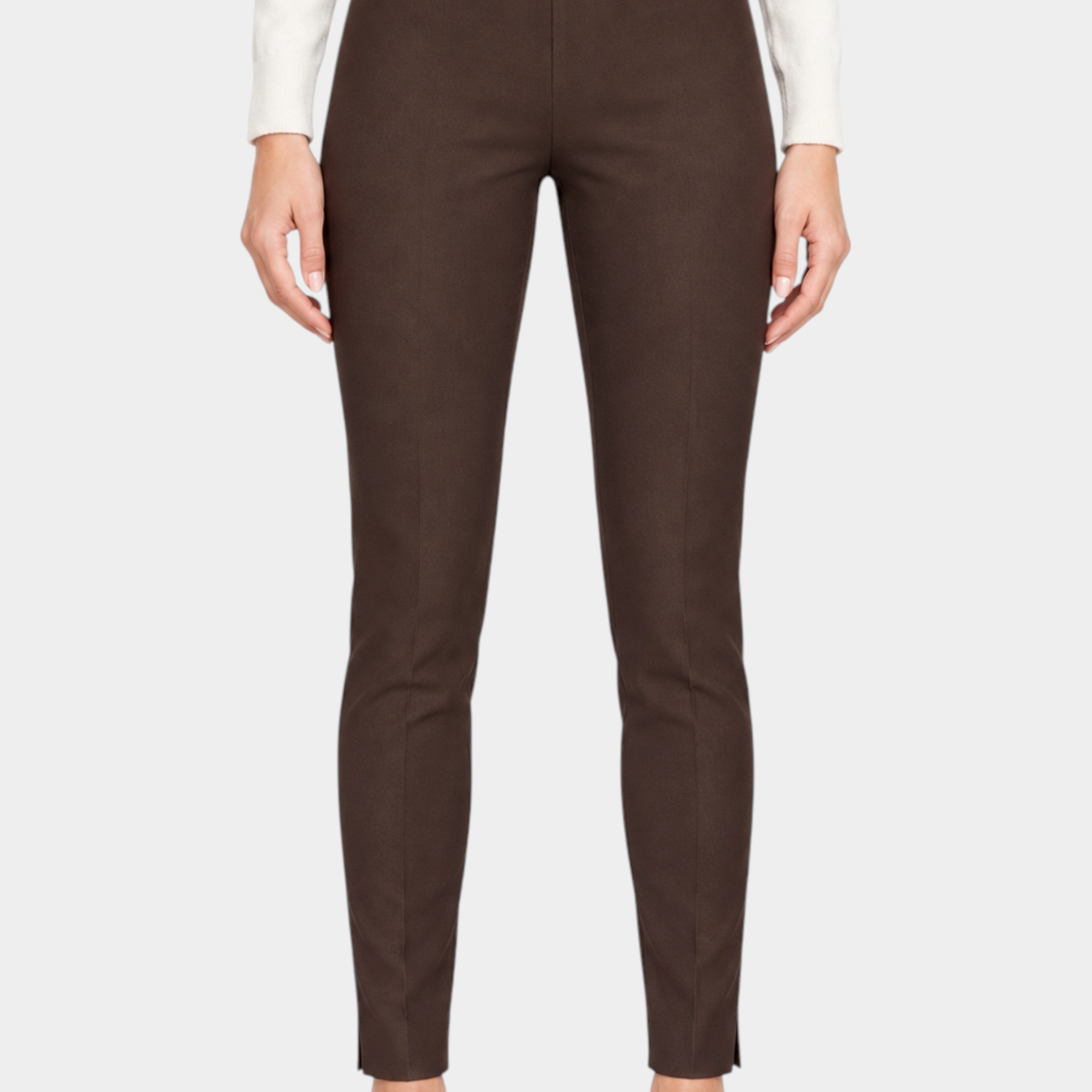 Pantalone a sigaretta marrone Follower SRL in tessuto Compact con spacchetti laterali indossato da una modella