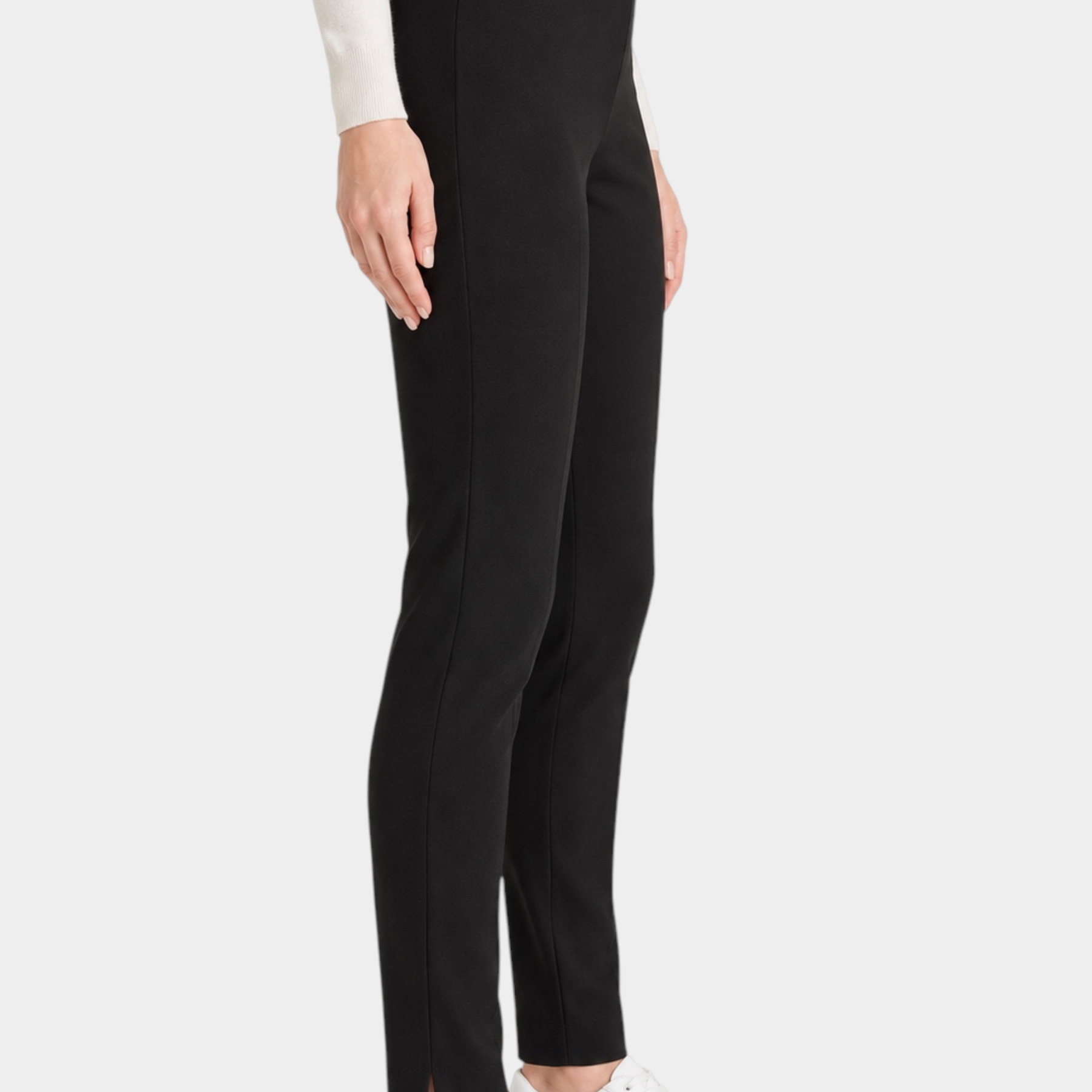 Pantalone a sigaretta nero Follower SRL in tessuto compact con spacchetti laterali indossato di profilo