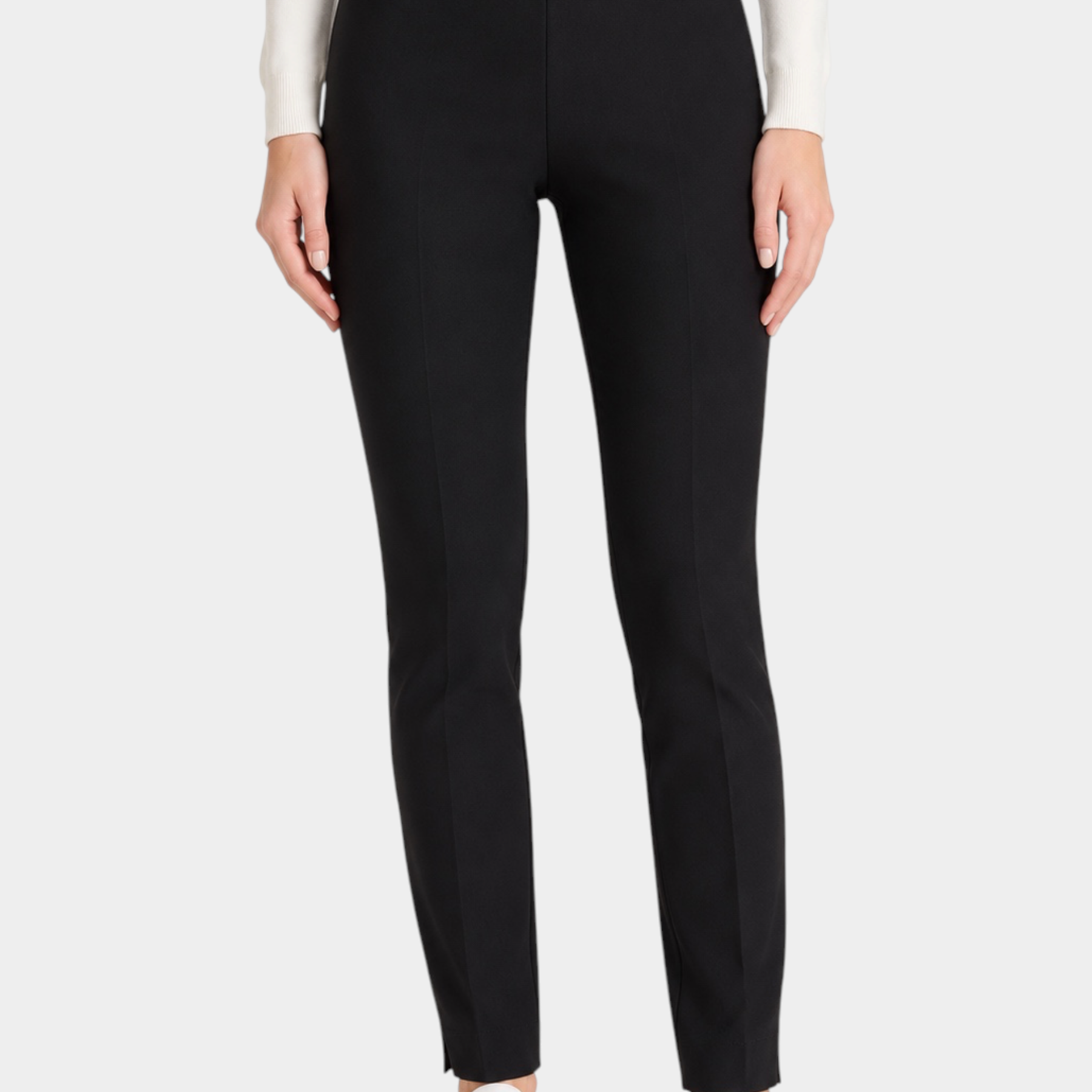 Pantalone a sigaretta nero Follower SRL in tessuto compact con spacchetti sul fondo indossato da una modella