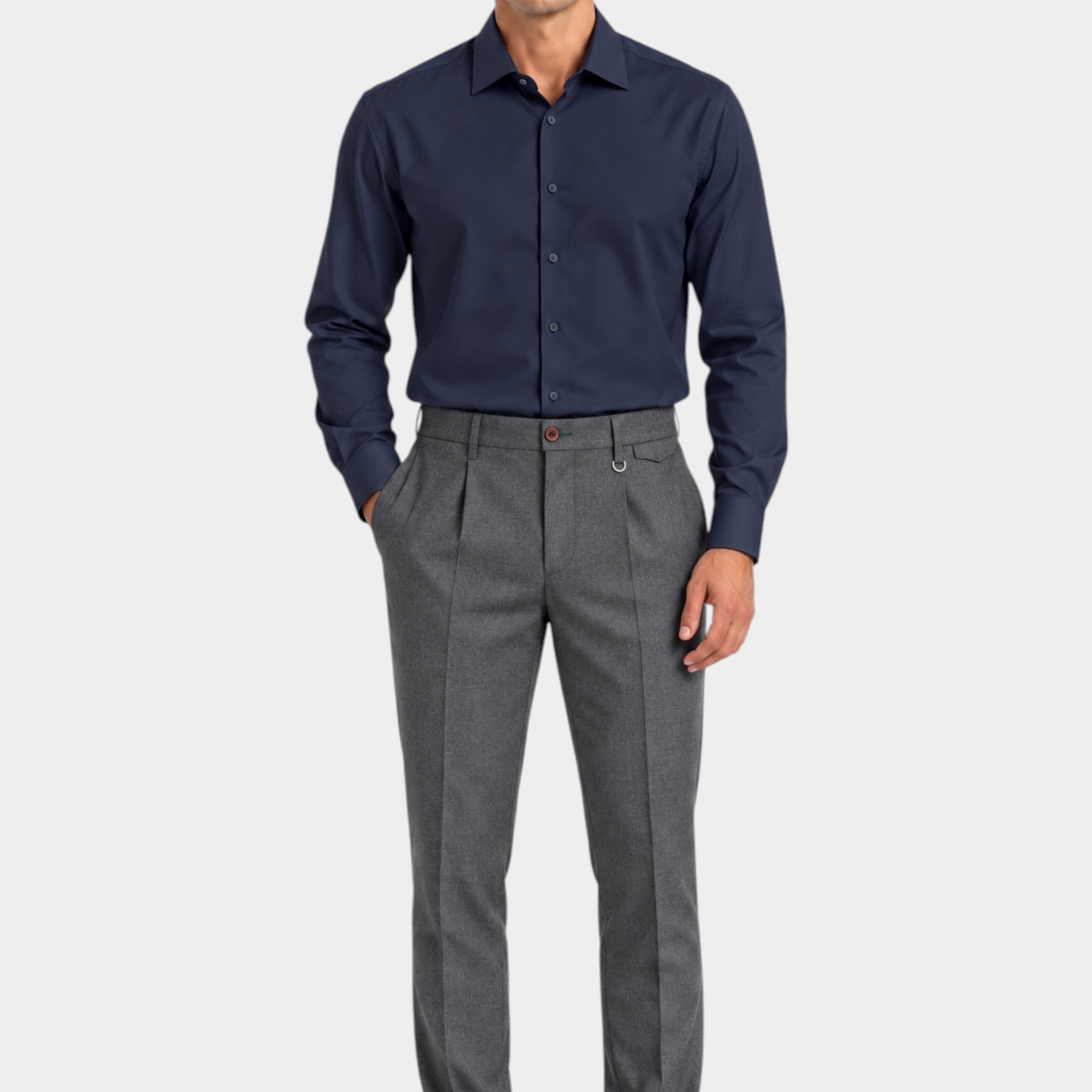 Modello indossa pantaloni regular con pinces color antracite di Follower SRL abbinati a camicia blu e scarpe scure