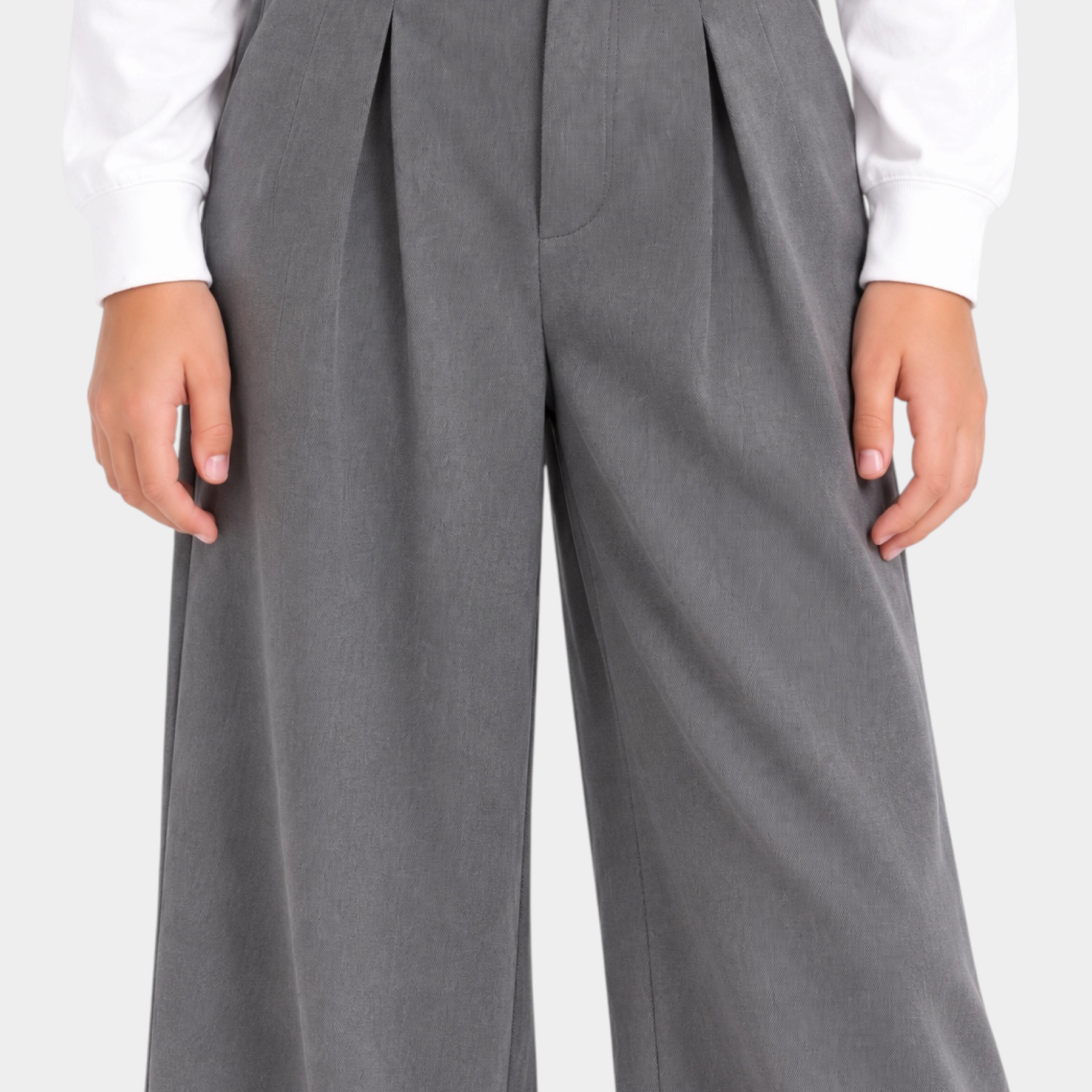 Pantaloni Follower SRL bambina grigi a gamba larga con pence in vita e chiusura a bottone