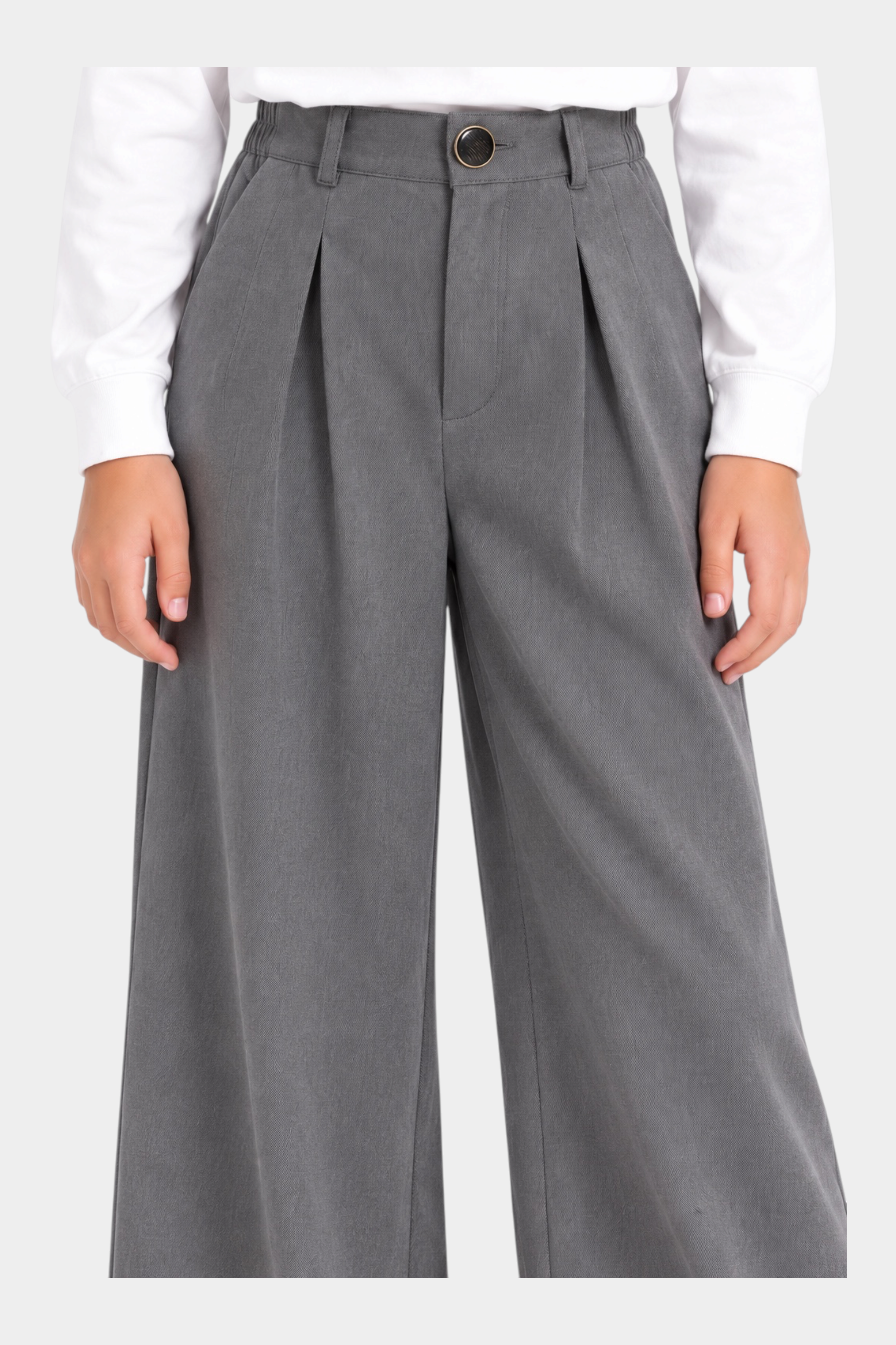 Pantaloni Follower SRL bambina grigi a gamba larga con pence in vita e chiusura a bottone