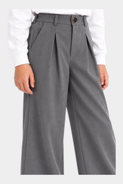 Pantaloni grigi a gamba larga con pence Follower SRL, modello bambina con vita alta e bottone scuro