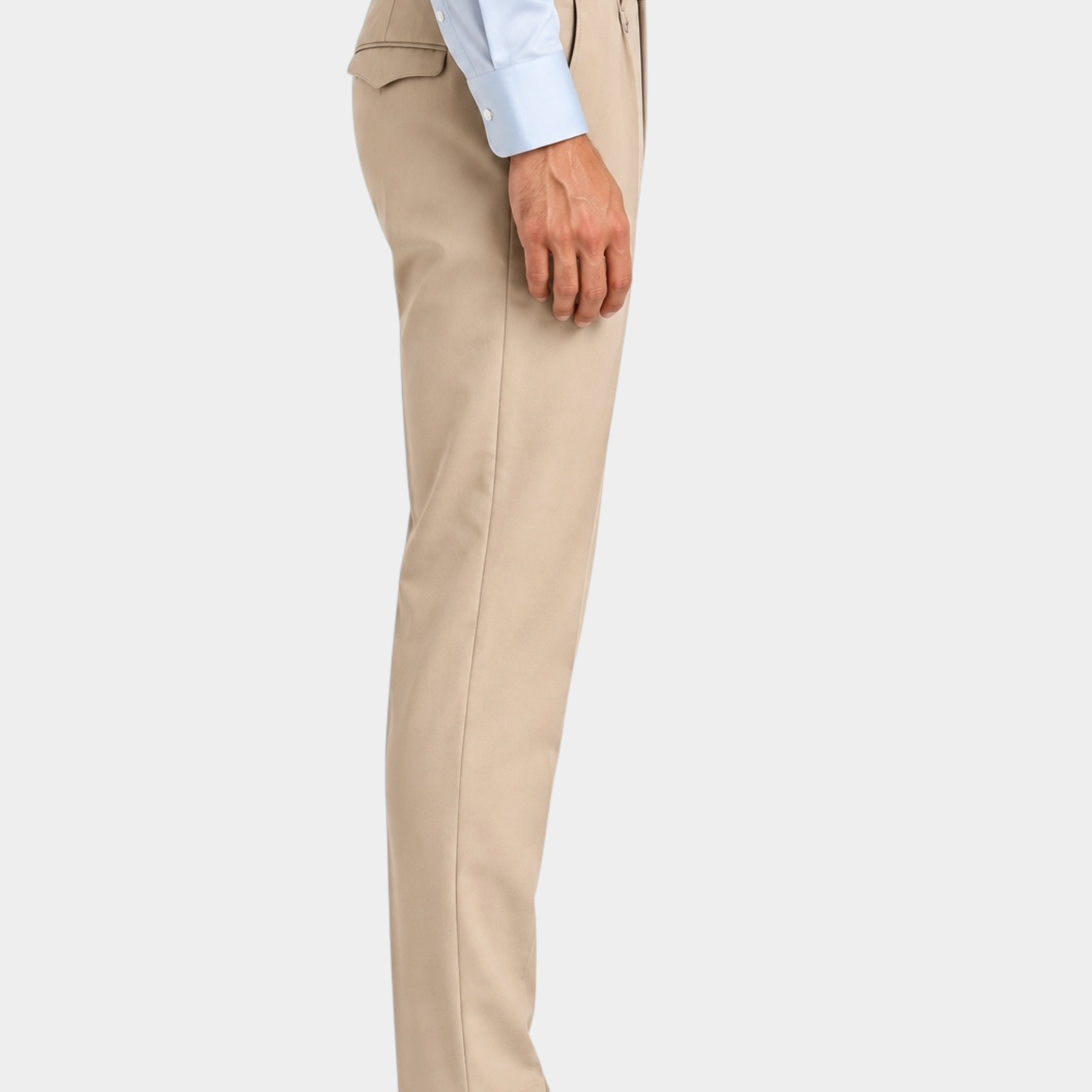 Pantaloni regular beige con pinces da uomo Follower SRL indossati con camicia azzurra e scarpe eleganti marroni