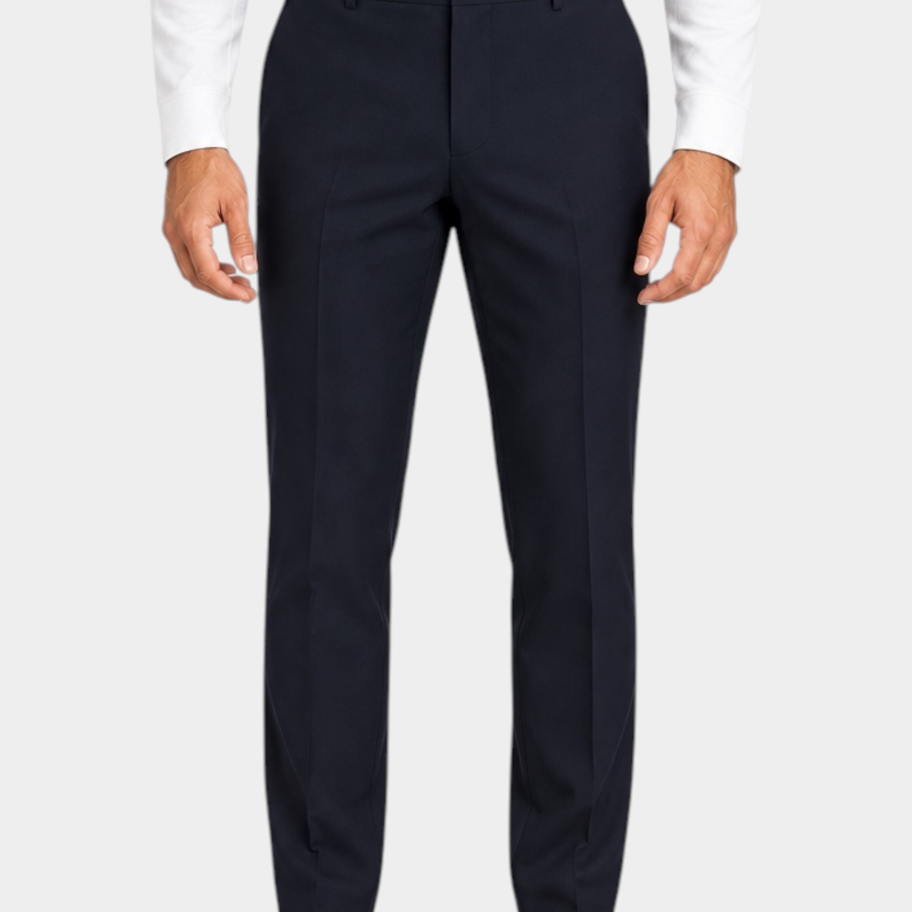 Modello indossa pantaloni classici blu scuro GUESS di Follower SRL abbinati a maglia bianca a maniche lunghe