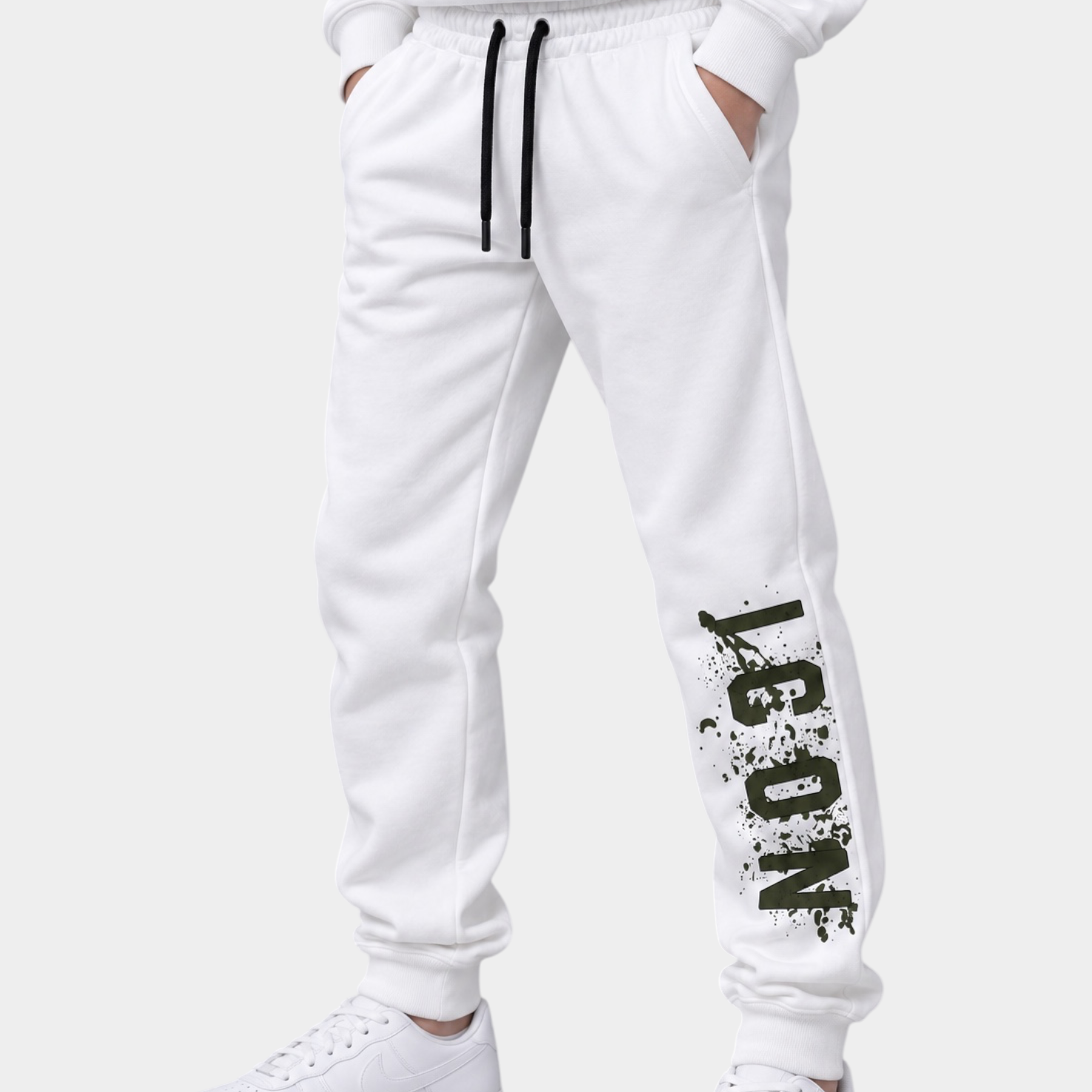 Pantaloni jogger Follower SRL bianchi per bambino con stampa ICON nera sulla gamba e coulisse a contrasto