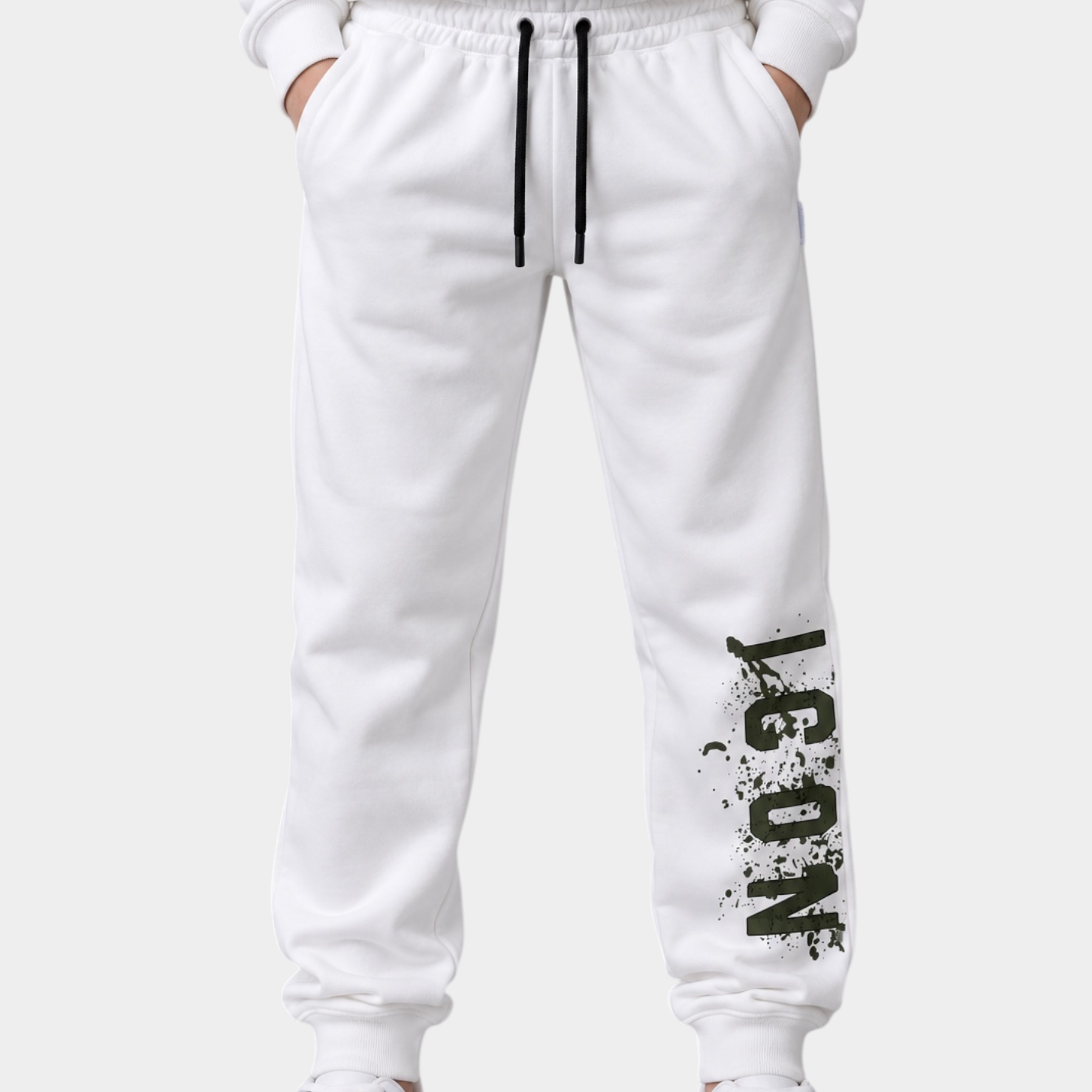Pantaloni jogger Follower SRL bianchi per bambino con stampa ICON nera effetto vernice e coulisse in vita