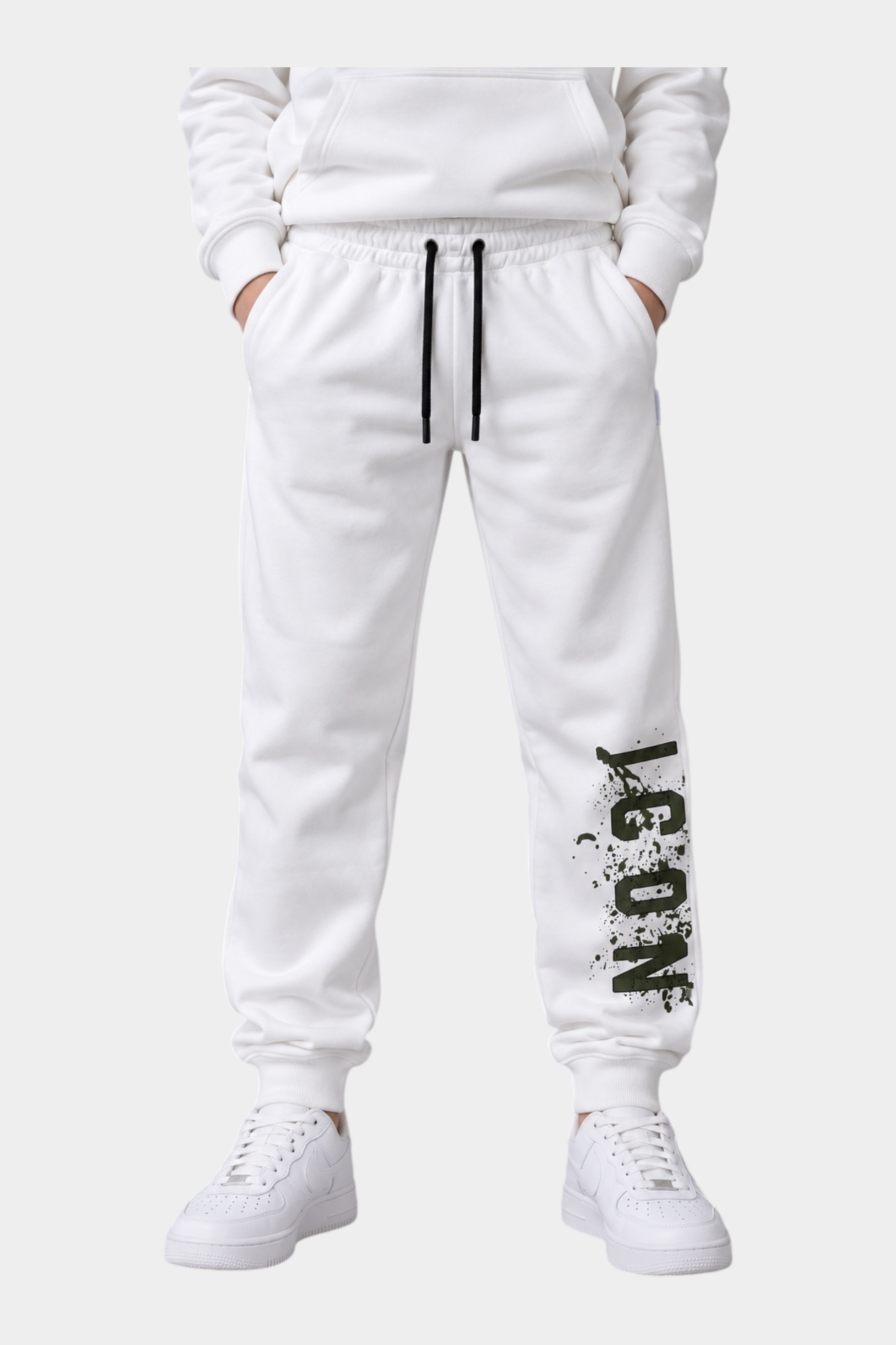 Pantaloni jogger Follower SRL bianchi per bambino con stampa ICON nera effetto vernice e coulisse in vita