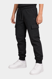 Pantaloni jogger cargo neri da bambino Follower SRL in morbido cotone con tasche laterali e logo ricamato