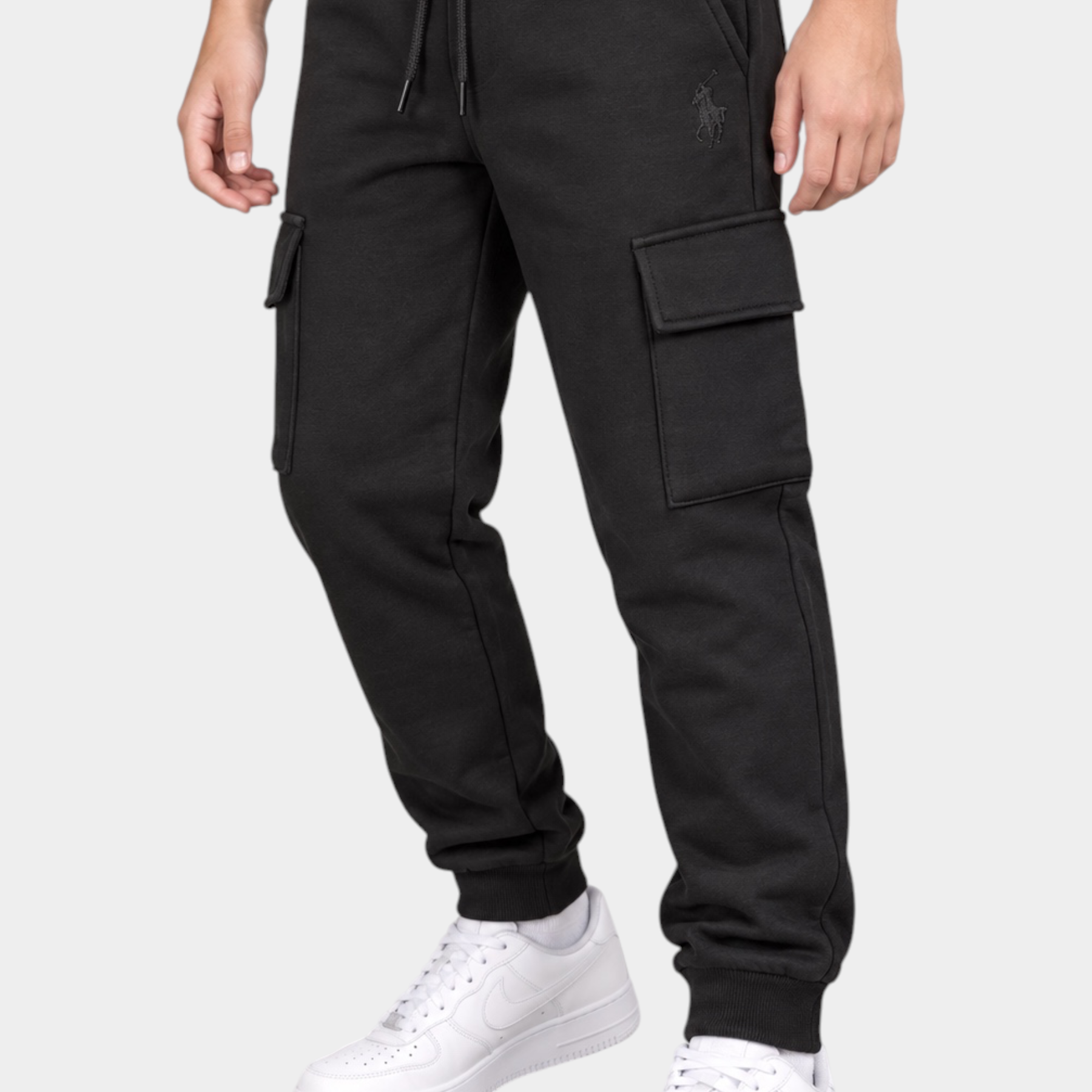 Pantaloni jogger cargo neri Follower SRL per bambino con tasche laterali e logo ricamato tono su tono