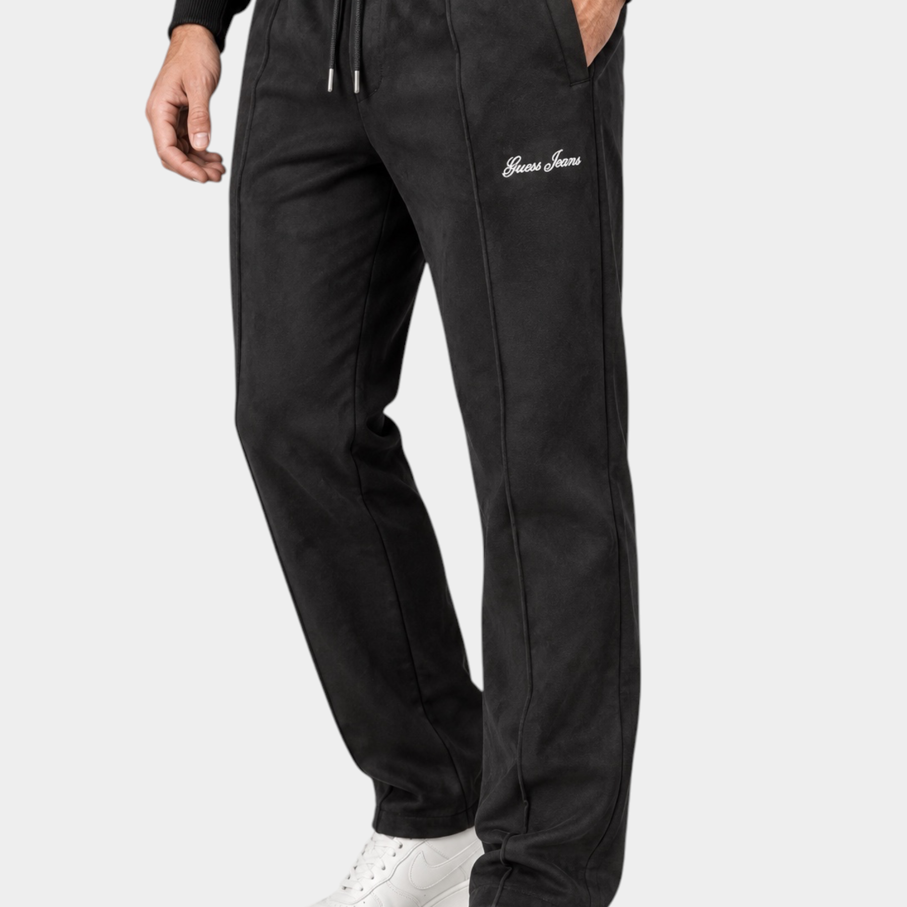 Pantaloni jogger Follower SRL in ciniglia nera da uomo con logo Guess Jeans ricamato e vita elasticizzata