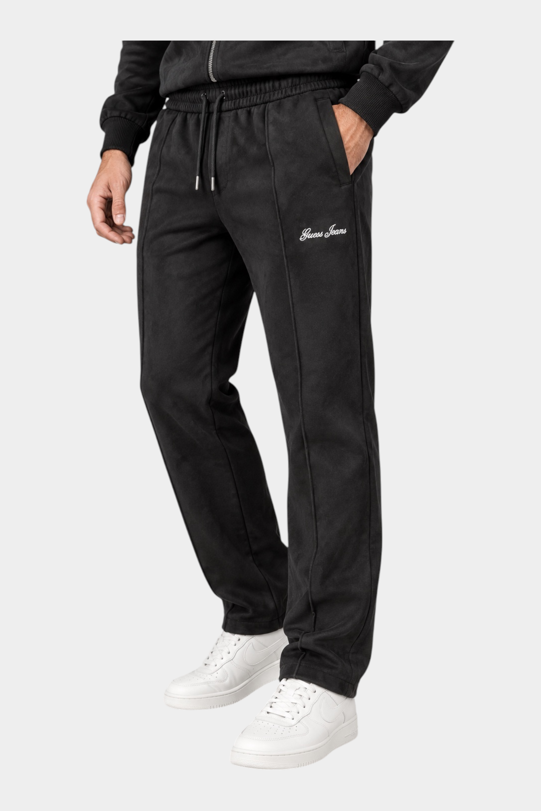 Pantaloni jogger Follower SRL in ciniglia nera da uomo con logo Guess Jeans ricamato e vita elasticizzata