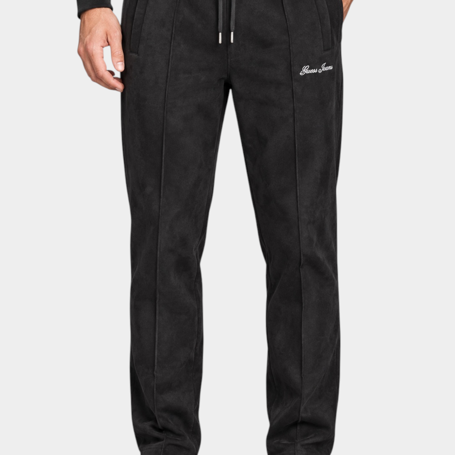 Pantaloni jogger Follower SRL in ciniglia nera da uomo con logo Guess Jeans ricamato e coulisse in vita