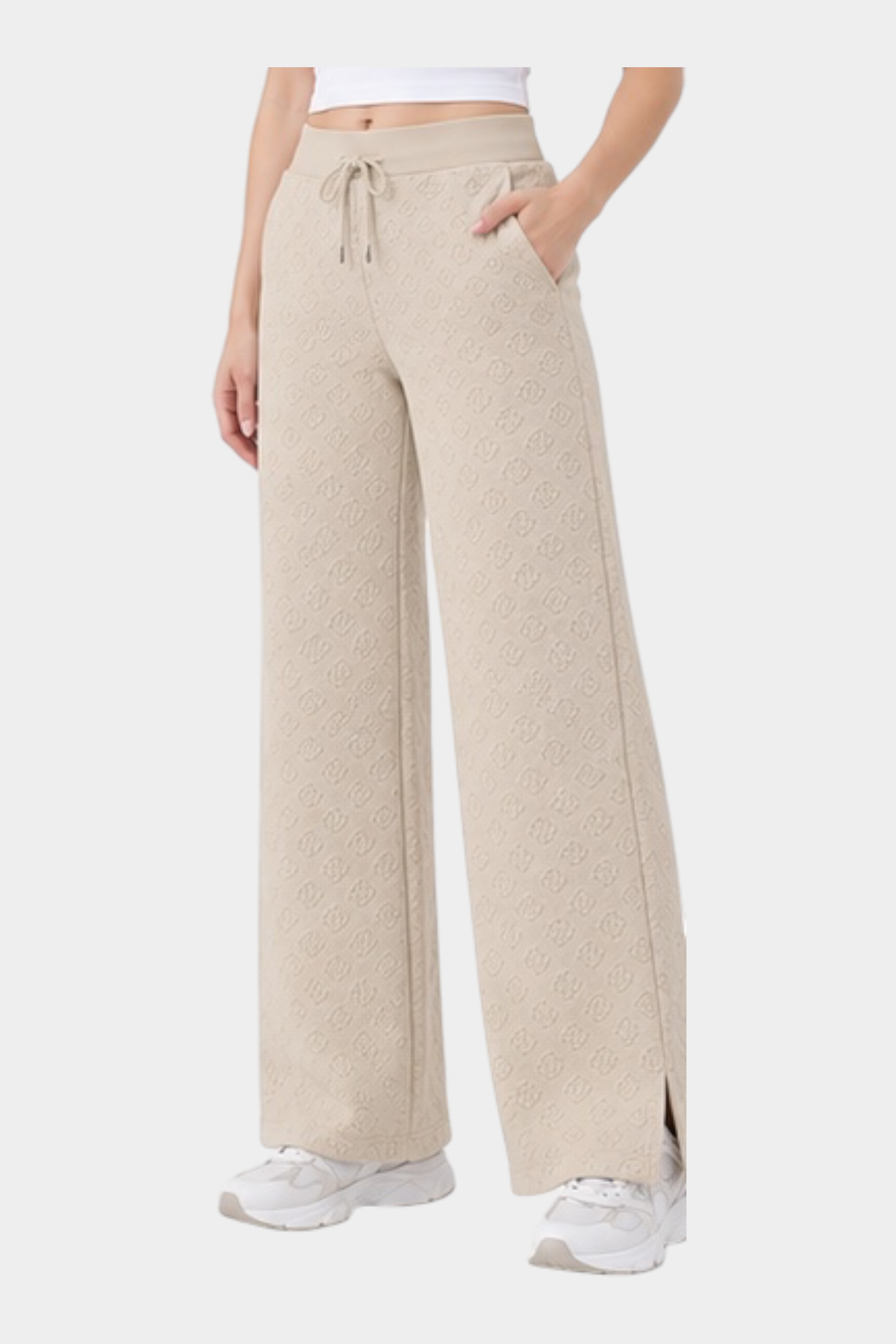 Pantaloni jogger Follower SRL color ecru con stampa logo 4G all-over, vita alta con coulisse e gamba ampia