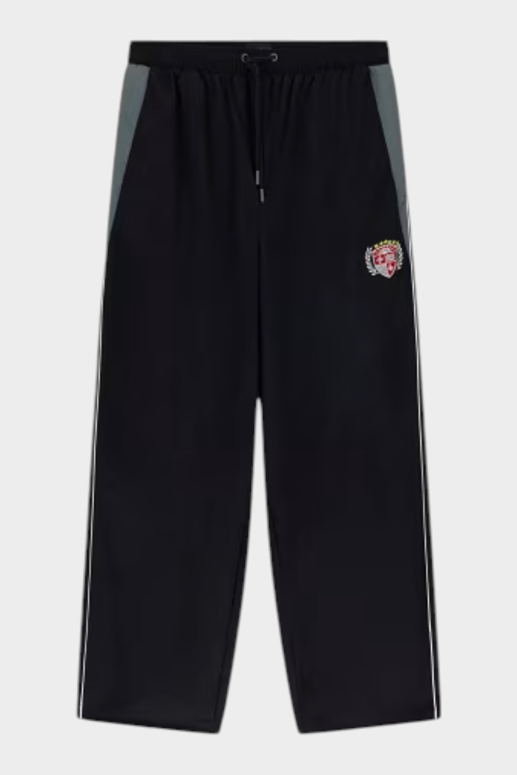 Pantaloni jogger Follower SRL GUESS in nylon nero con inserti grigi, profili bianchi e stemma Limited Edition
