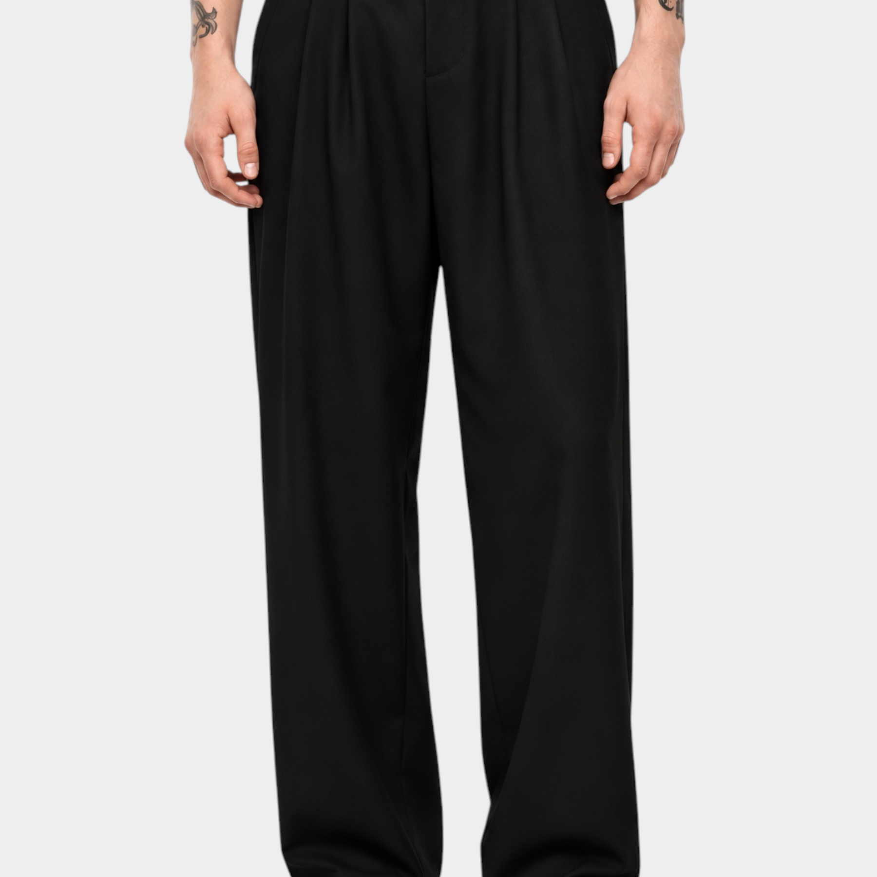 Pantaloni neri ampi da uomo Follower SRL con pince frontali e vestibilità sartoriale su sfondo bianco