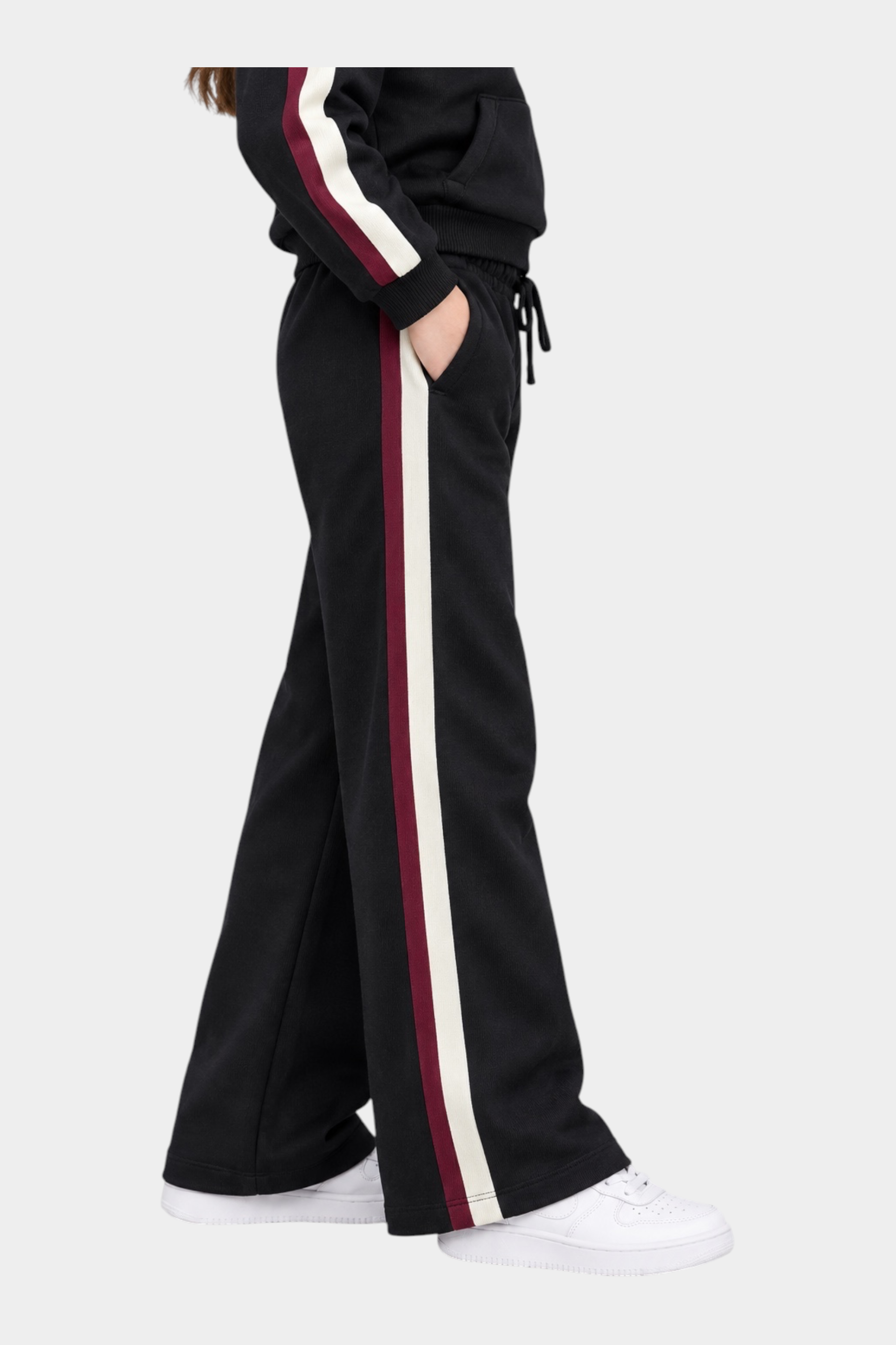 Pantaloni neri Follower SRL con banda laterale bordeaux e bianca, stile sportivo con tasche e coulisse