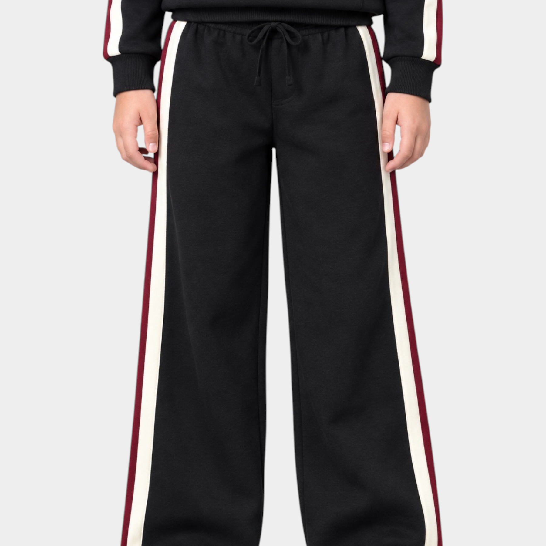 Pantaloni sportivi Follower SRL neri per bambina con bande laterali bianche e bordeaux e vestibilità ampia