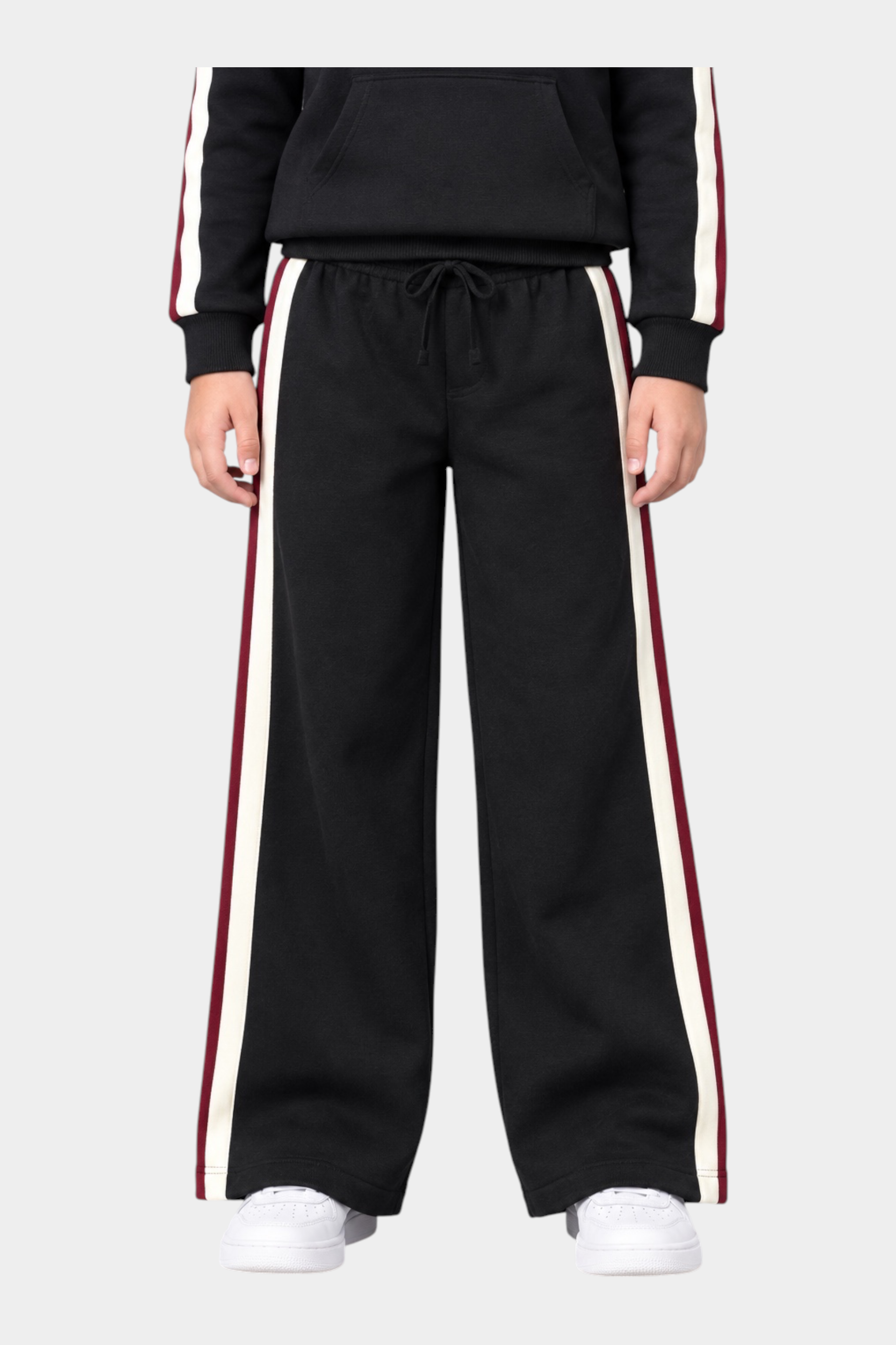 Pantaloni sportivi Follower SRL neri per bambina con bande laterali bianche e bordeaux e vestibilità ampia