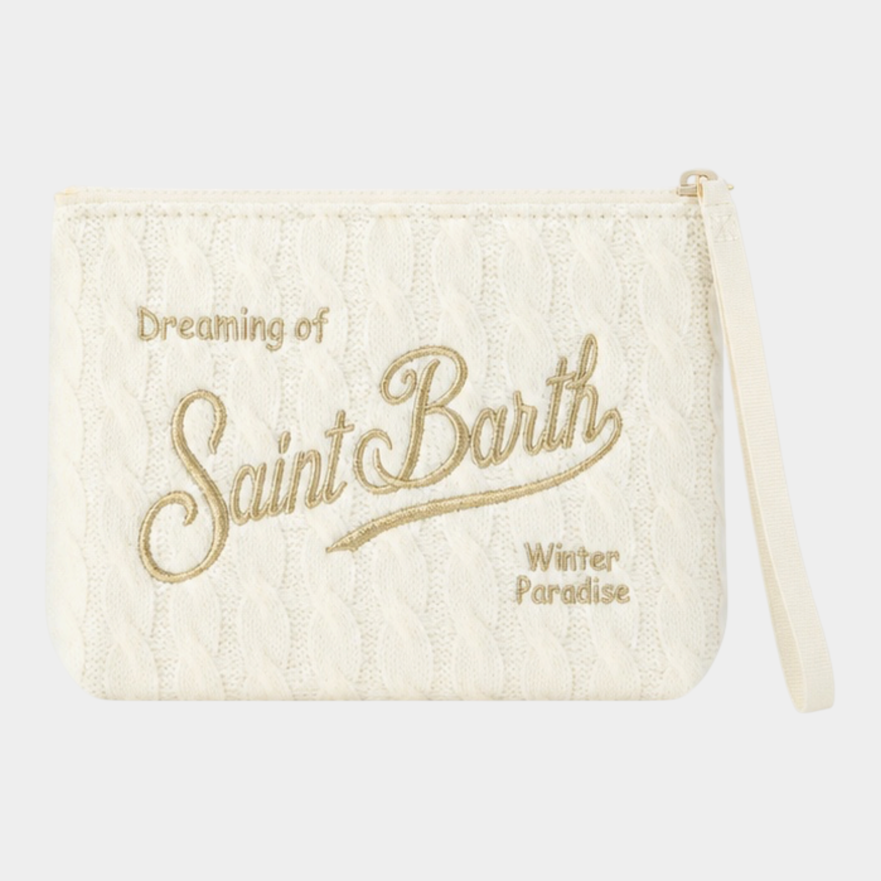 Pochette Follower SRL Aline in tricot avorio con ricamo logo dorato e cinturino da polso