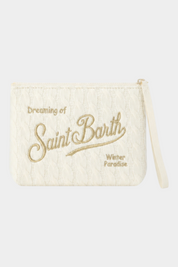 Pochette Follower SRL Aline in tricot avorio con ricamo logo dorato e cinturino da polso