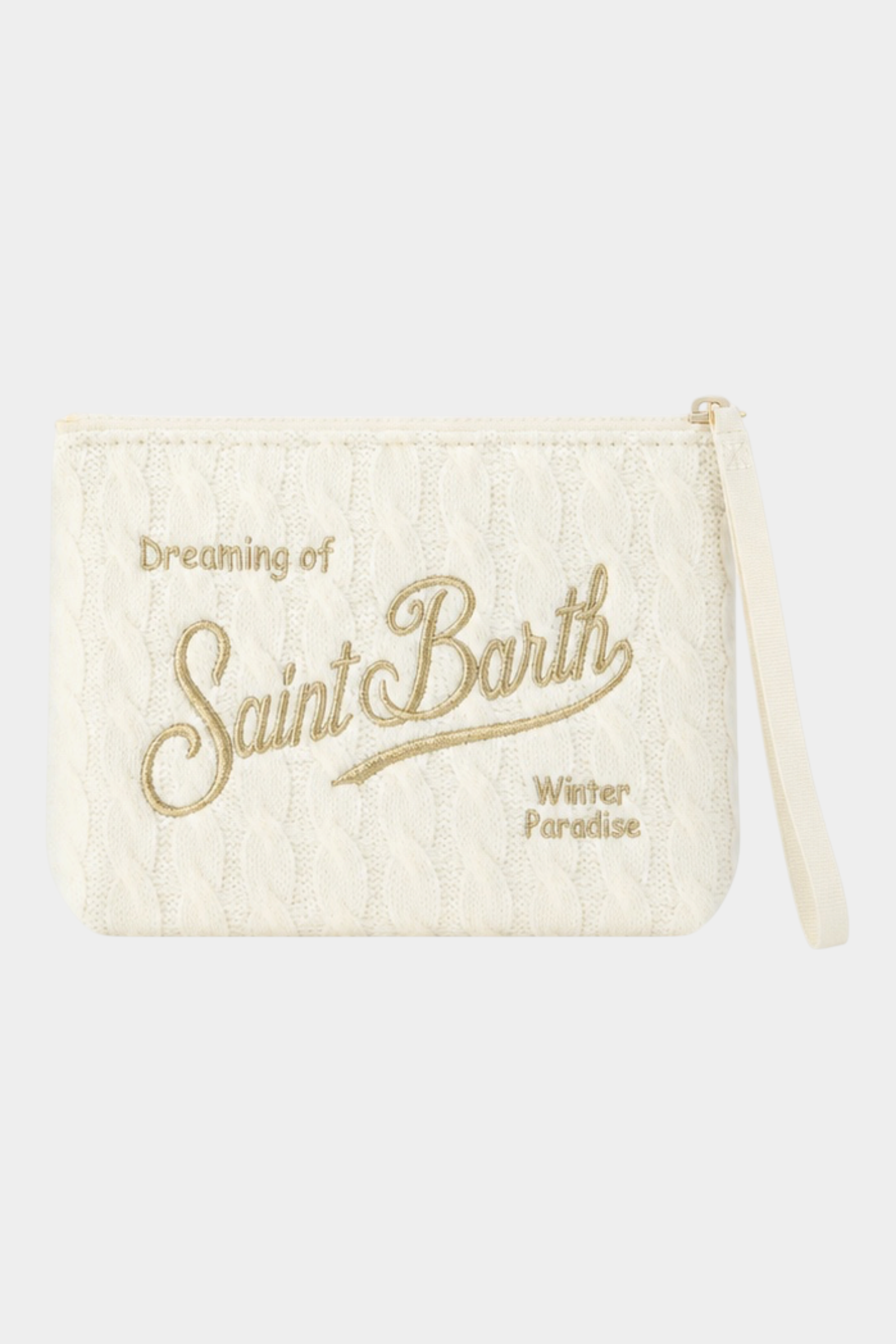 Pochette Follower SRL Aline in tricot avorio con ricamo logo dorato e cinturino da polso