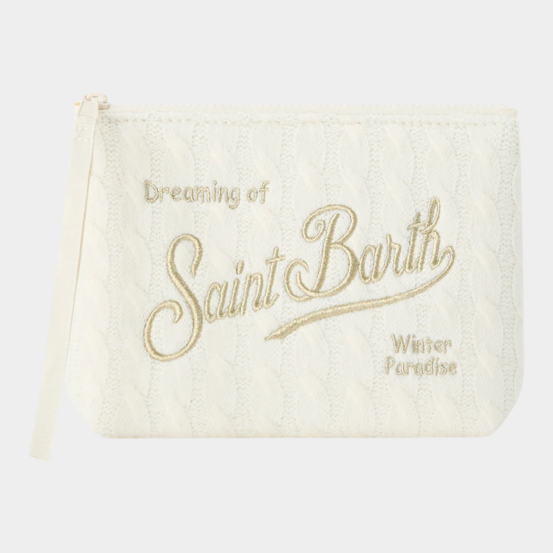 Pochette Follower SRL Aline in tricot avorio con ricamo logo dorato Saint Barth e chiusura a zip