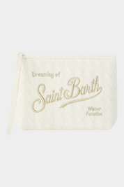 Pochette Follower SRL Aline in tricot avorio con ricamo logo dorato Saint Barth e chiusura a zip