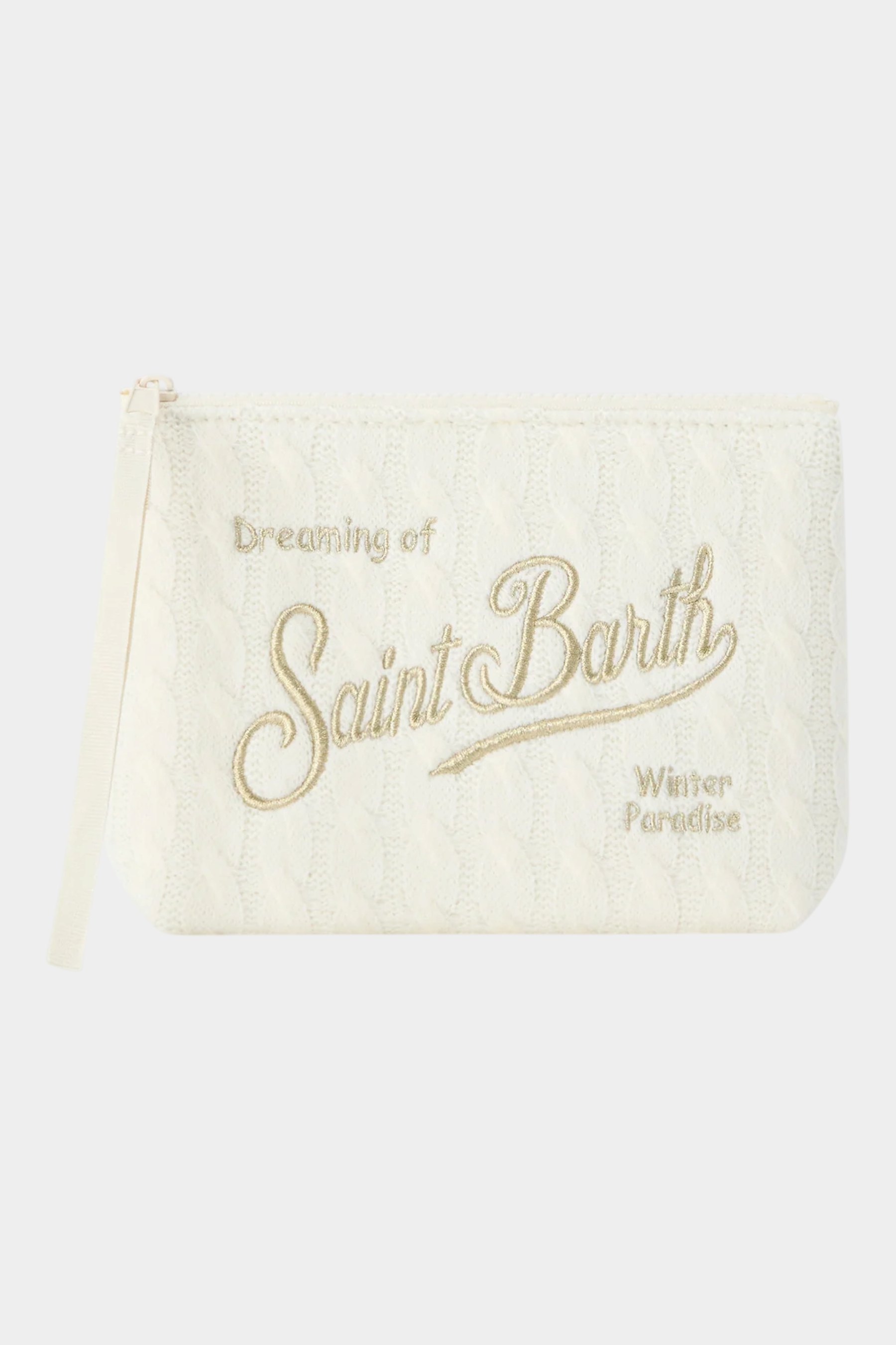 Pochette Follower SRL Aline in tricot avorio con ricamo logo dorato Saint Barth e chiusura a zip
