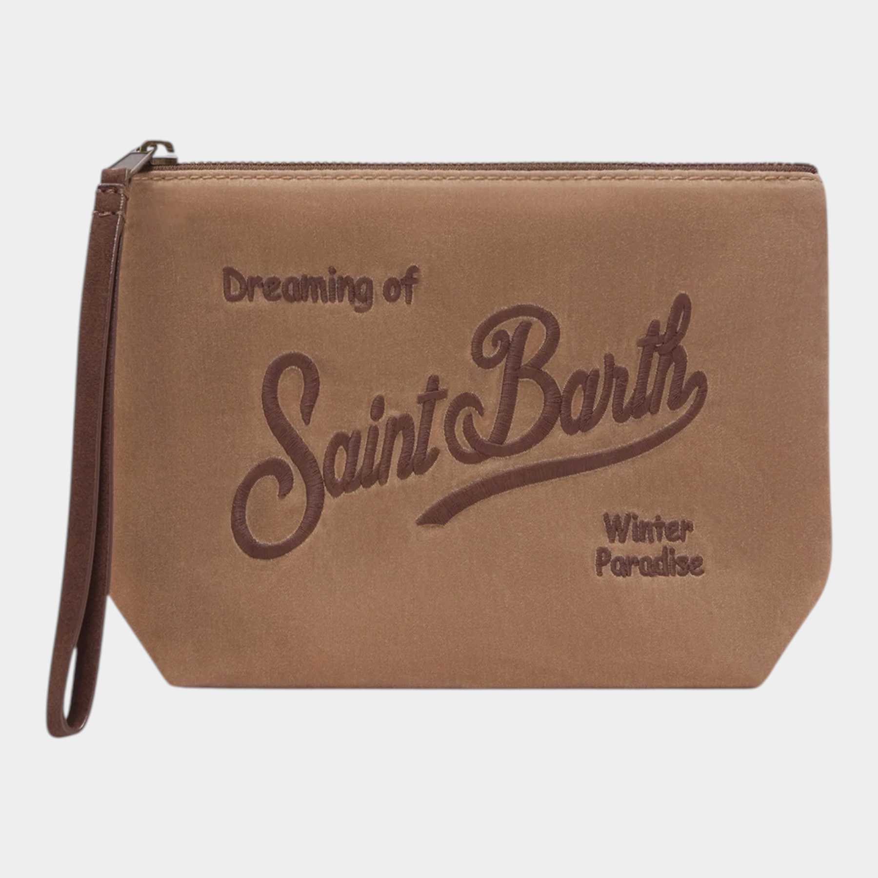 Pochette Follower SRL Aline beige in tessuto cerato con logo ricamato marrone e cinturino da polso