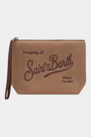 Pochette Follower SRL Aline beige in tessuto cerato con logo ricamato marrone e cinturino da polso