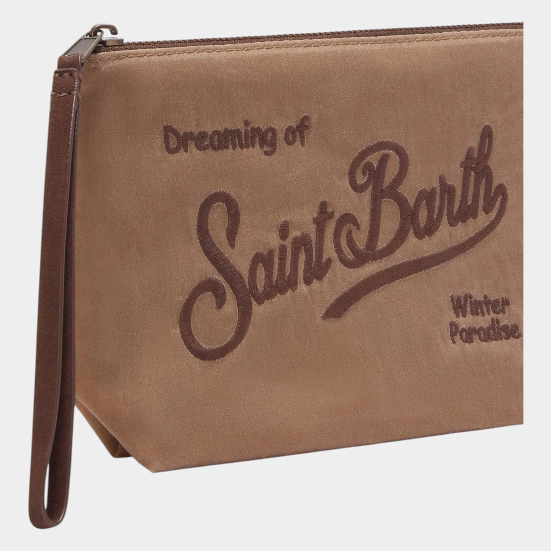 Pochette Follower SRL Aline beige in tessuto cerato con ricamo logo Saint Barth e cinturino da polso