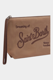Pochette Follower SRL Aline beige in tessuto cerato con ricamo logo Saint Barth e cinturino da polso