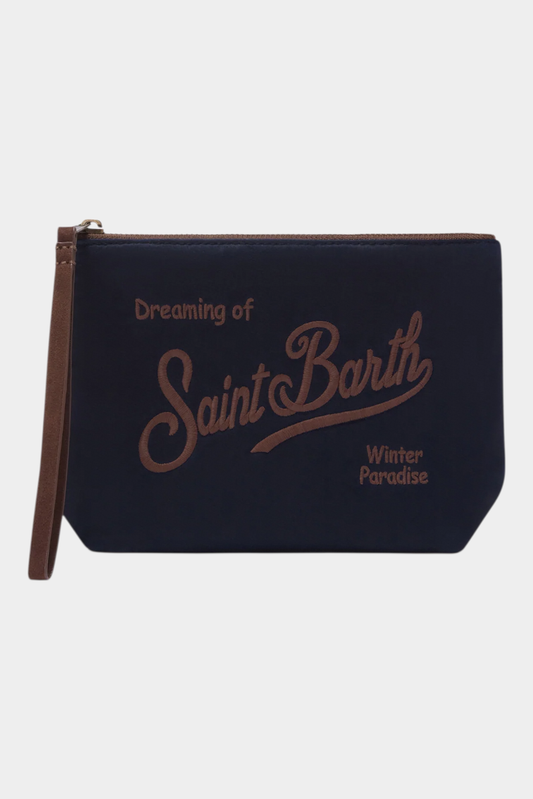 Pochette Follower SRL Aline blu in tessuto cerato con logo Saint Barth ricamato e cinturino da polso marrone