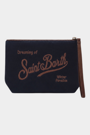 Pochette Follower SRL Aline blu in tessuto cerato con ricamo logo Saint Barth e cinturino da polso