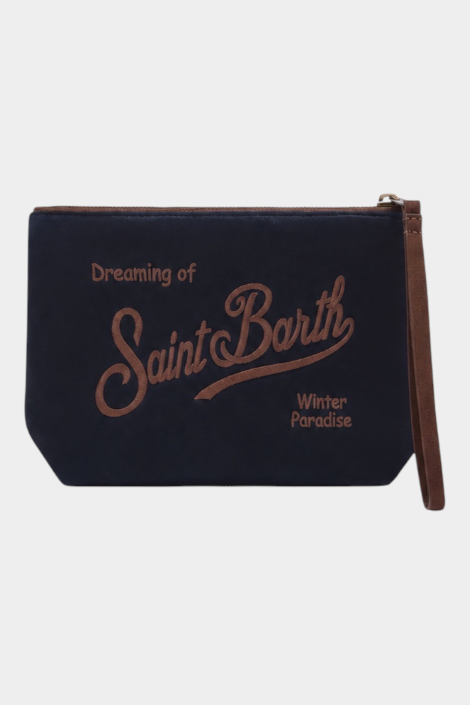 Pochette Follower SRL Aline blu in tessuto cerato con ricamo logo Saint Barth e cinturino da polso