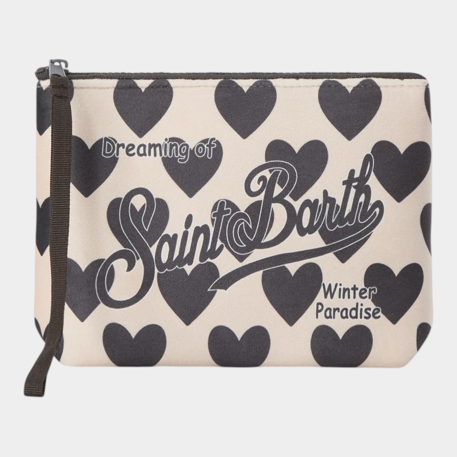 Pochette Follower SRL Aline beige con stampa di cuori neri e logo MC2 Saint Barth, dimensioni 21x15,5x7 cm