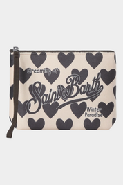 Pochette Follower SRL Aline beige con stampa di cuori neri e logo MC2 Saint Barth, dimensioni 21x15,5x7 cm